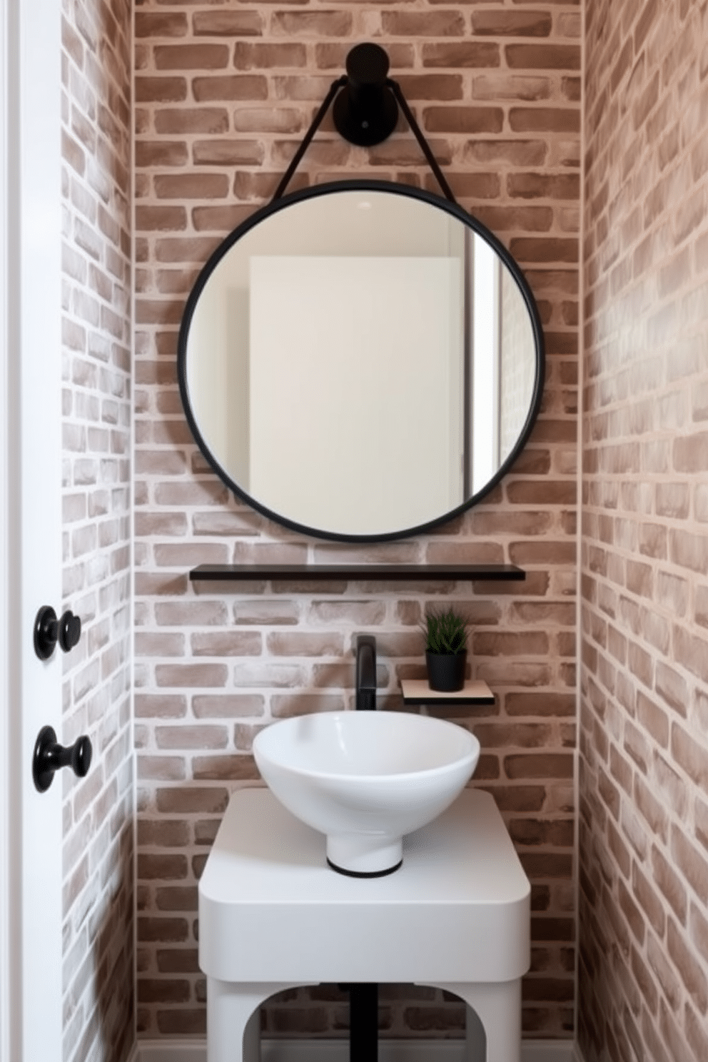 A chic powder room featuring faux brick walls that create an industrial aesthetic. The space includes a sleek pedestal sink with a matte black faucet, complemented by a round mirror with an industrial-style frame above it. The wallpaper showcases a bold geometric pattern in muted tones, adding depth and character to the room. A small potted plant sits on a minimalist shelf, bringing a touch of greenery to the urban design.