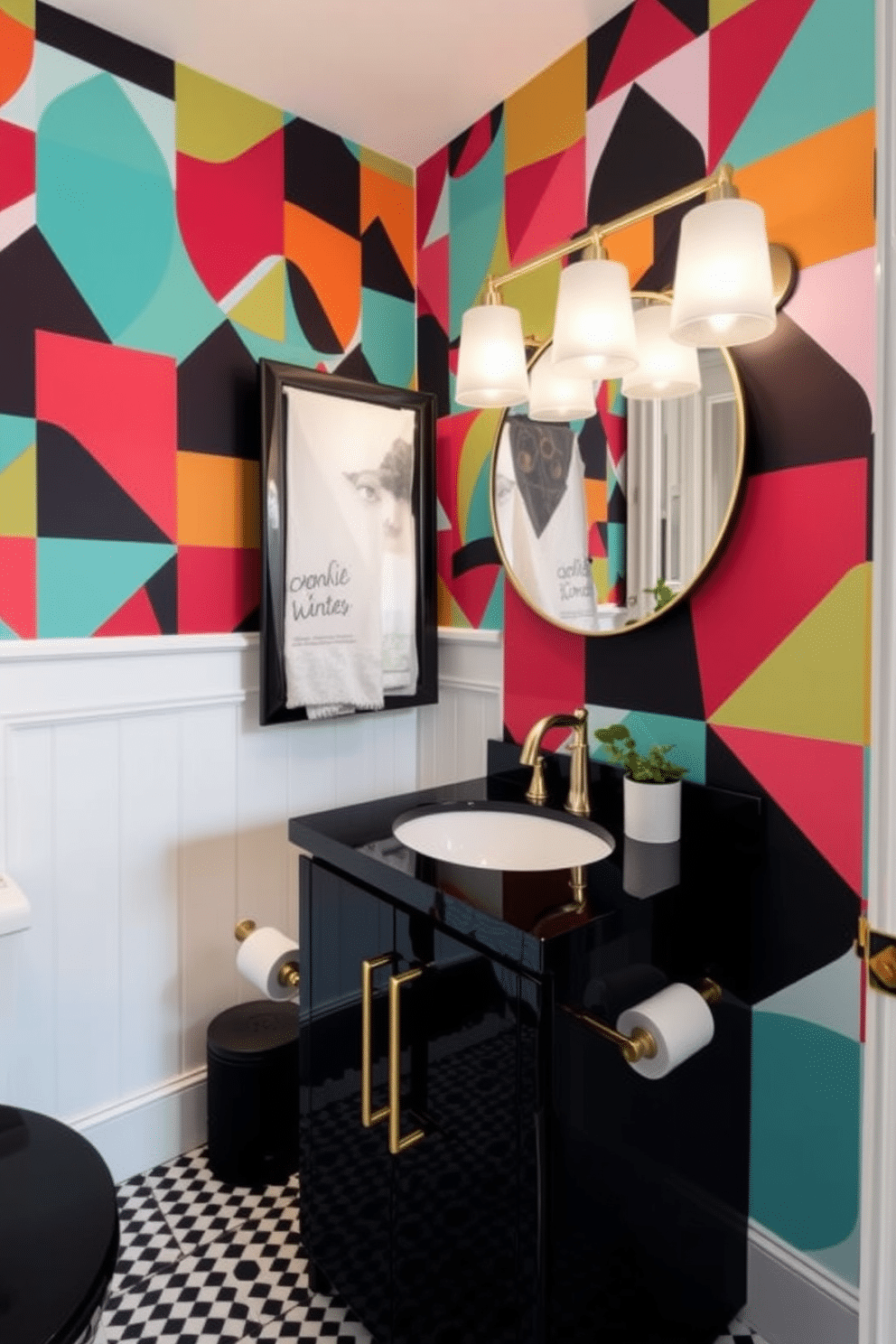 A chic powder room featuring graphic prints that add a trendy touch. The walls are adorned with bold, geometric wallpaper in vibrant colors, creating a striking focal point. The vanity is sleek and modern, with a glossy black finish and a round mirror above it. Accents of gold in the faucet and light fixtures enhance the contemporary aesthetic, while a small potted plant adds a touch of greenery.