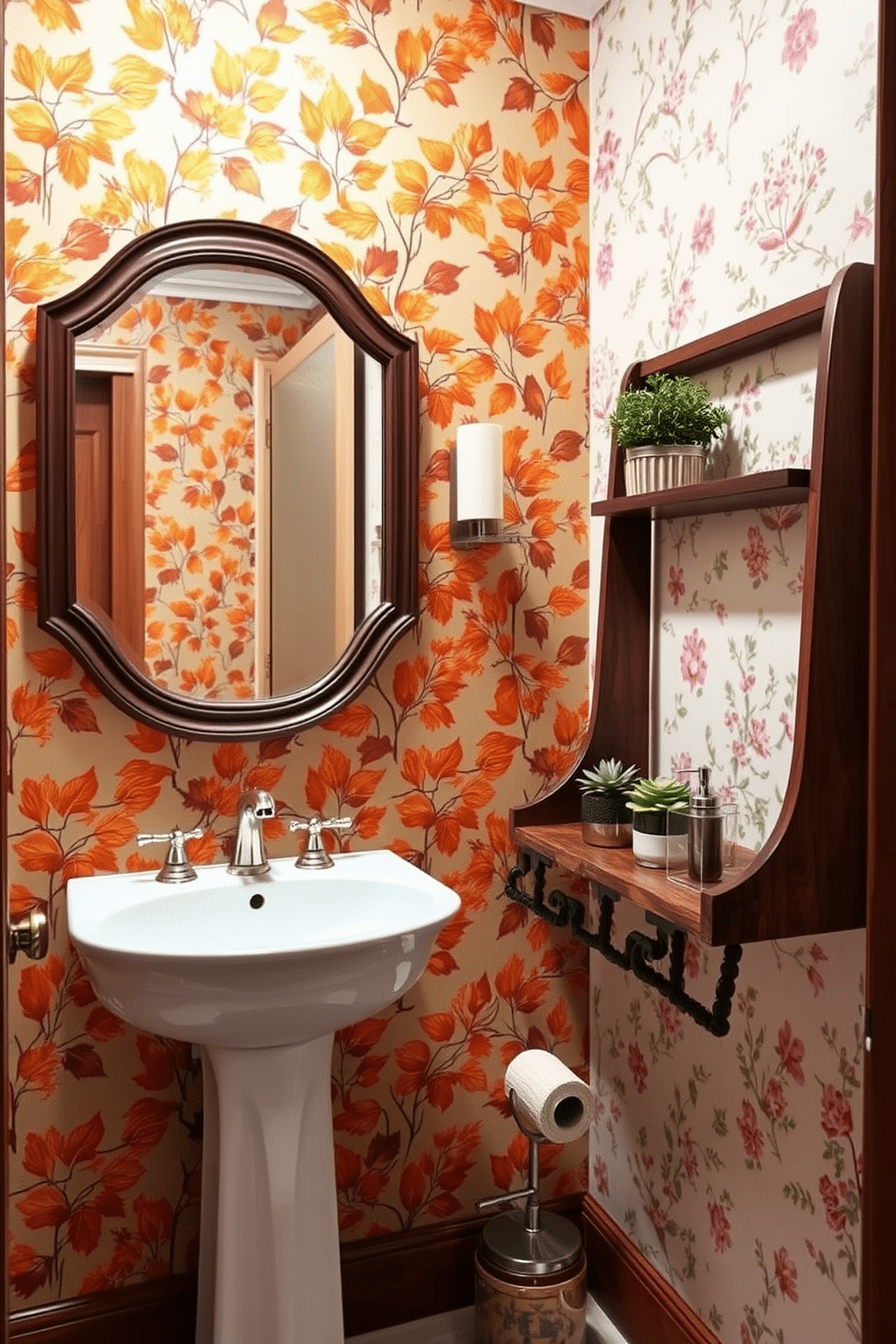 A seasonal theme for a powder room features a vibrant wallpaper adorned with autumn leaves in warm hues of orange and gold. The space is complemented by a sleek white pedestal sink and a vintage mirror framed in dark wood, creating a cozy yet elegant atmosphere. For a fresh spring update, consider wallpaper with delicate floral patterns in pastel colors, enhancing the lightness of the room. Accentuate the design with a small wooden shelf displaying potted plants and a stylish soap dispenser, adding a touch of nature to the decor.