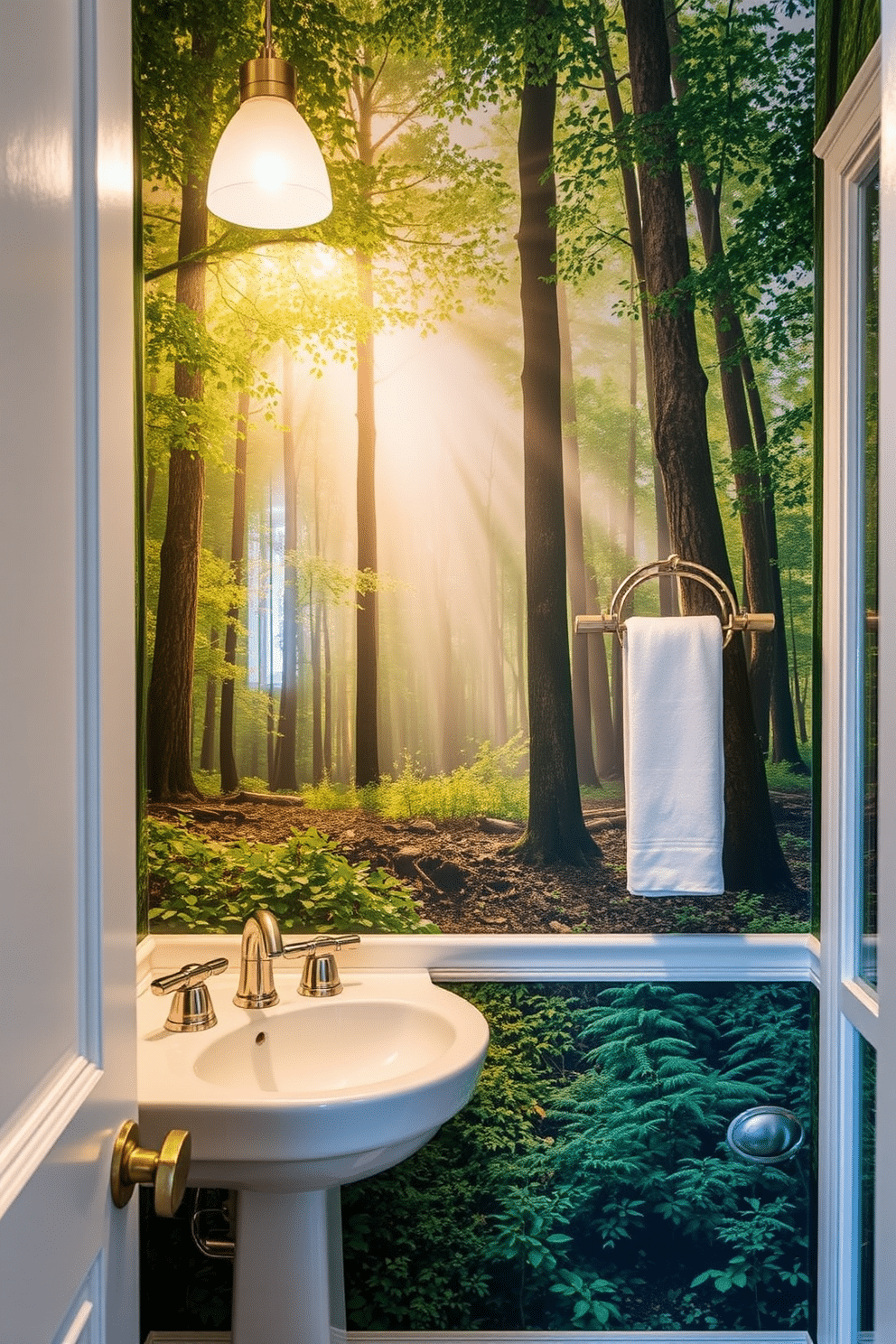 Custom murals for a personal touch. Imagine a powder room adorned with a vibrant mural depicting a serene forest scene, where sunlight filters through the trees, creating a calming atmosphere. The mural features rich greens and soft browns, enhancing the space's natural feel. Accents of gold in the wallpaper design add a touch of elegance, complementing the overall aesthetic.