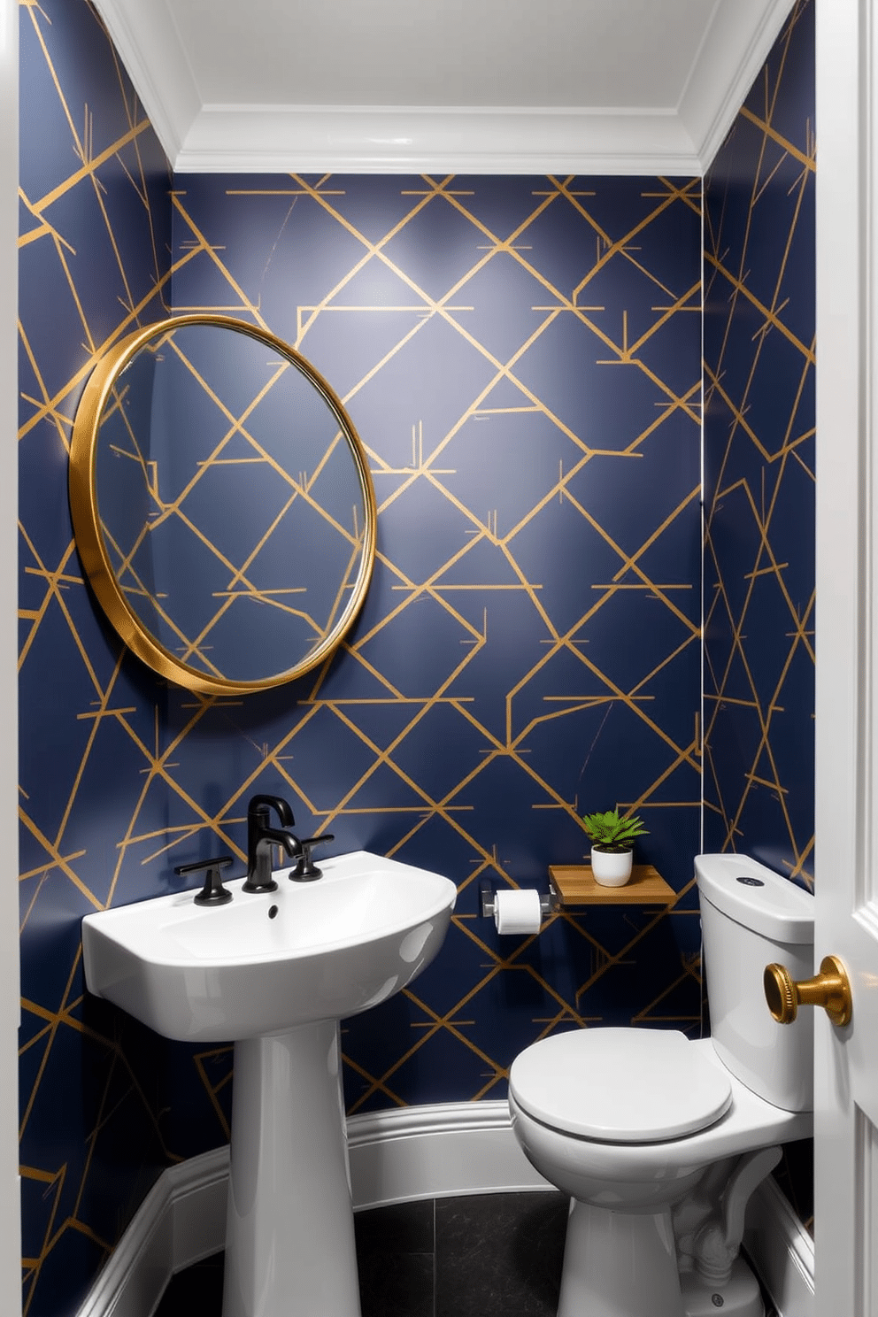 A chic powder room featuring bold geometric wallpaper in a striking color palette of navy blue and gold. The space is accented with a sleek white pedestal sink and a round mirror with a gold frame, creating a contemporary yet inviting atmosphere. The walls showcase a dynamic pattern of interlocking triangles, adding depth and visual interest to the room. A small potted plant sits on a minimalist shelf, complementing the modern design while bringing a touch of nature indoors.