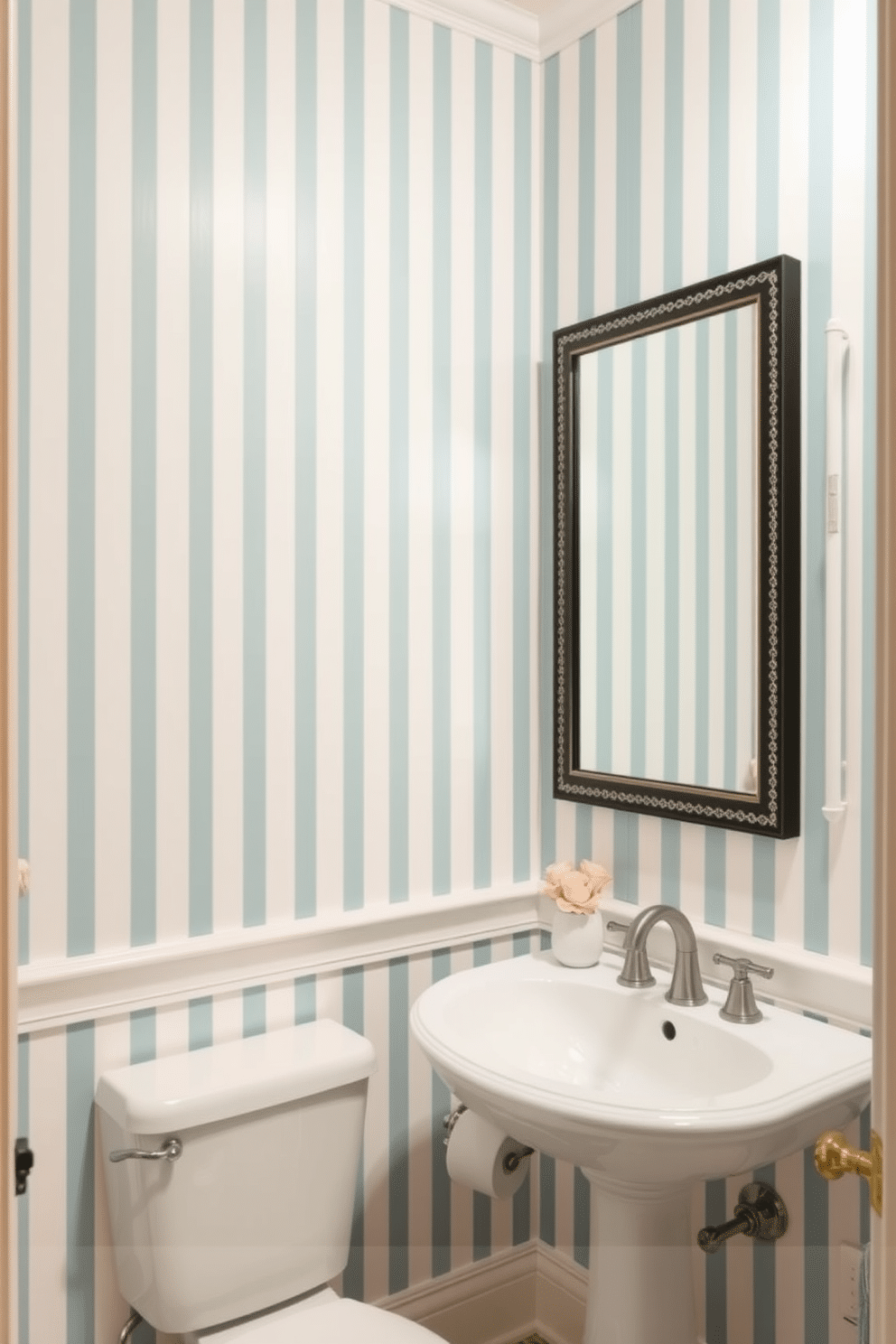 A chic powder room featuring wallpaper with vertical stripes that create an illusion of height, enhancing the sense of space. The color palette includes soft pastels to maintain a light and airy feel, complemented by elegant fixtures and a stylish mirror.