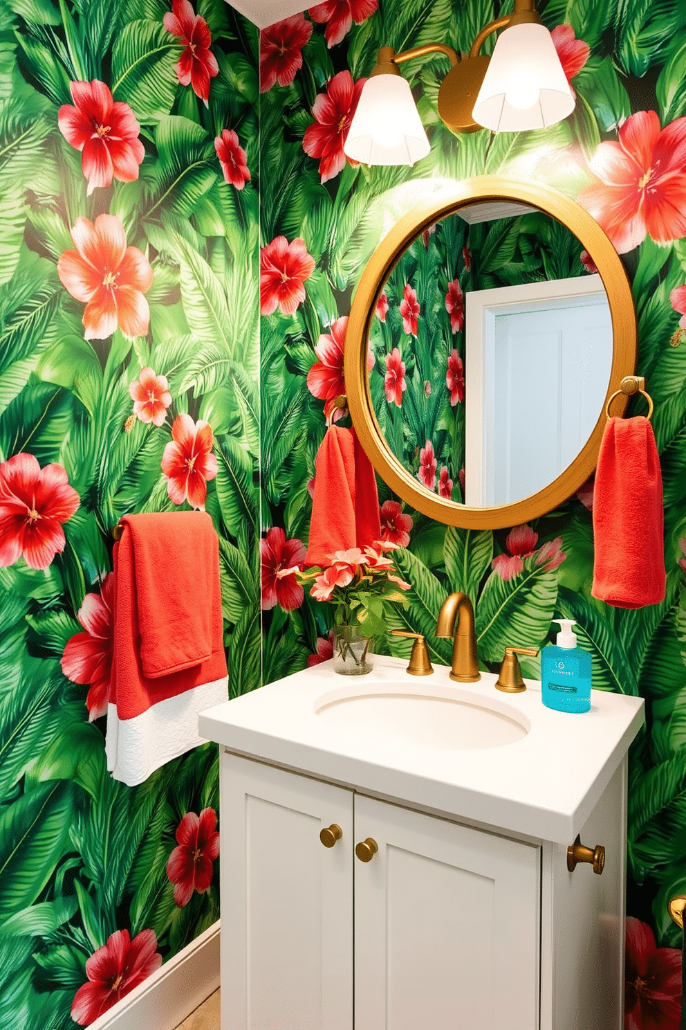 A vibrant powder room adorned with tropical prints that evoke a refreshing vibe. The walls are covered in a lush, green wallpaper featuring large palm leaves and colorful hibiscus flowers, creating an inviting atmosphere. The vanity is a sleek white with gold hardware, topped with a round mirror framed in natural wood. Accents of bright coral and turquoise in the accessories and towels enhance the tropical theme, while a small potted plant adds a touch of greenery.