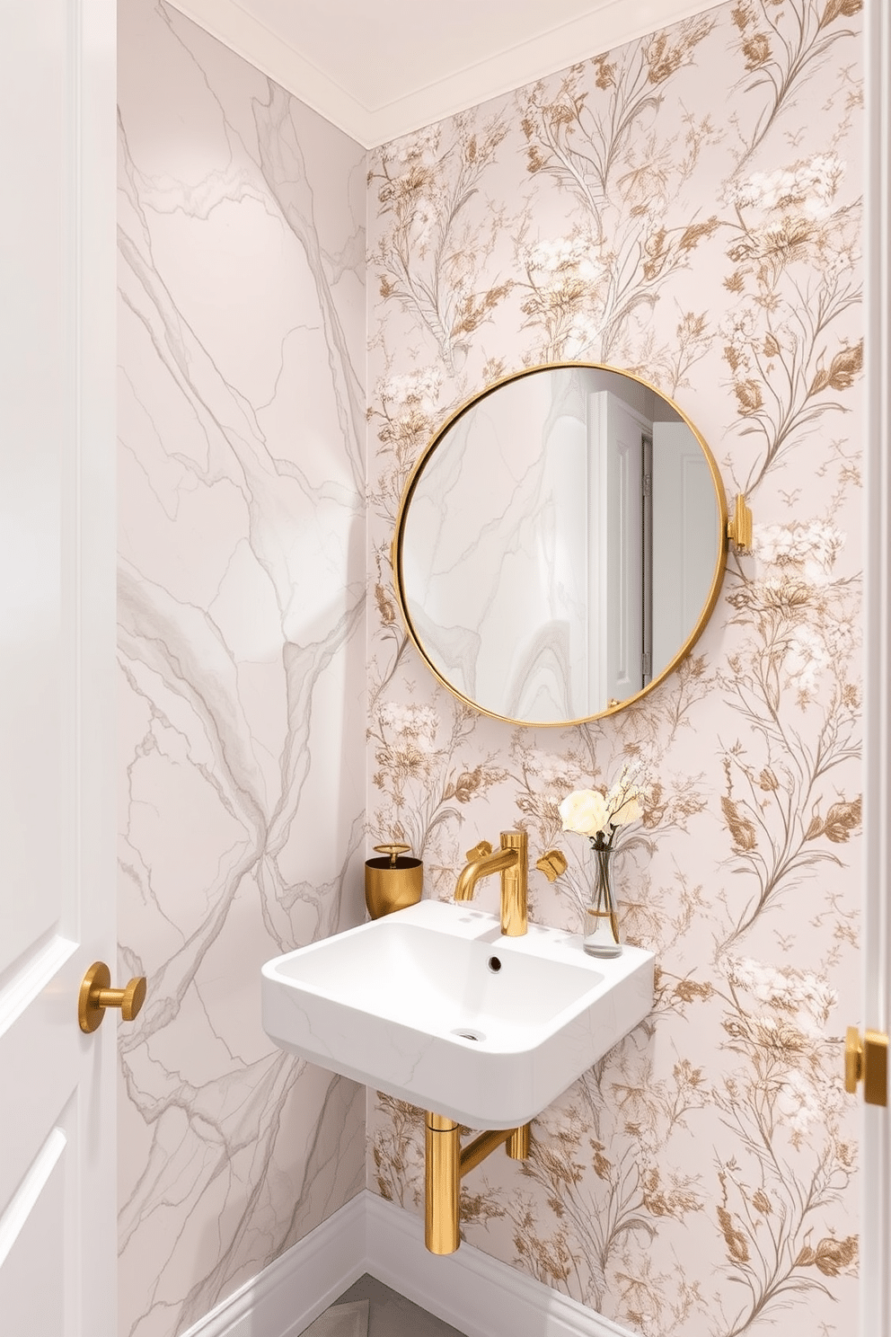 Chic marble effect for luxury appeal. The walls are adorned with a stunning marble wallpaper that features soft gray and white veining, creating an elegant backdrop for the space. Powder Room Wallpaper Design Ideas. The room showcases a whimsical floral wallpaper in muted tones, complemented by a sleek, modern sink with gold fixtures and a stylish round mirror.