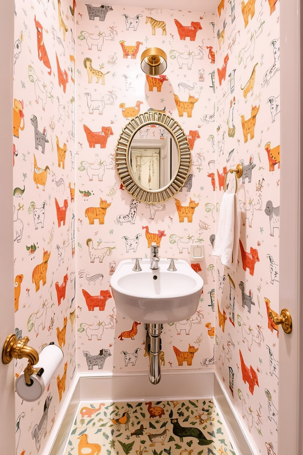 A whimsical powder room adorned with playful animal motifs, featuring a vibrant wallpaper that brings life to the space. The design showcases cheerful illustrations of various animals, set against a soft pastel background that enhances the room's charm. A small round mirror with a decorative frame hangs above a sleek, modern sink. The floor is finished with playful patterned tiles that complement the whimsical theme, creating a delightful and inviting atmosphere.