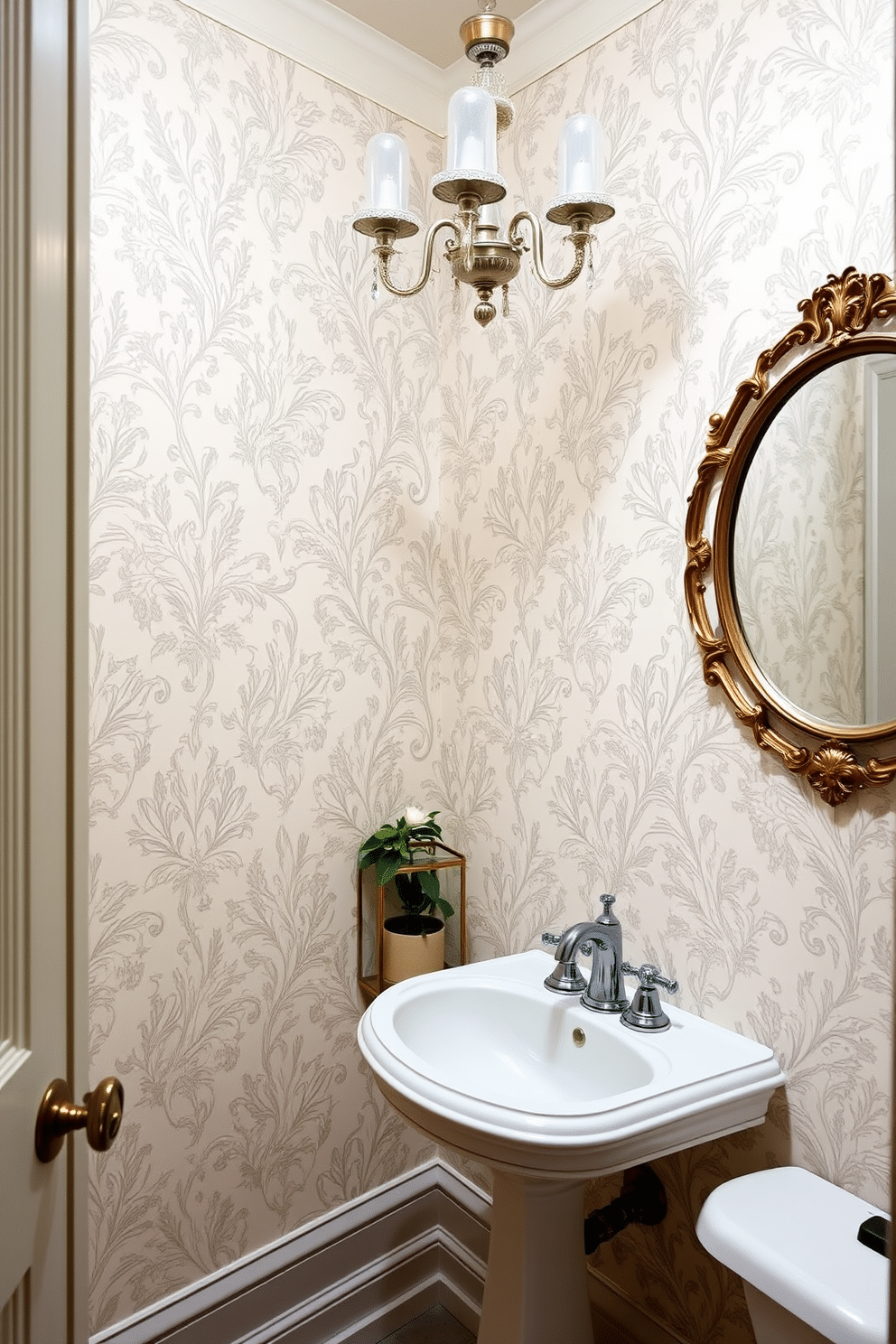 A vintage-inspired powder room featuring elegant toile wallpaper that brings a classic charm to the space. The intricate patterns in soft pastel colors create a serene backdrop, complemented by a delicate chandelier hanging from the ceiling. A pedestal sink with a polished chrome faucet sits against the wallpaper, enhancing the vintage aesthetic. Decorative accents like a framed antique mirror and a small potted plant add warmth and character to the room.