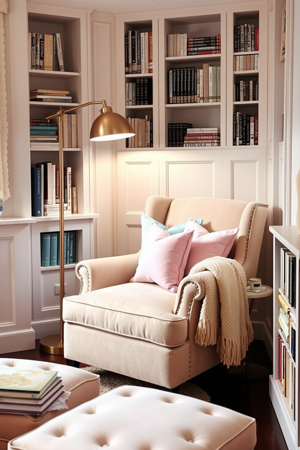 A cozy reading nook featuring a plush armchair upholstered in soft, neutral fabric. The armchair is adorned with pastel throw pillows in shades of pink, blue, and yellow, creating a welcoming and serene atmosphere. An inviting reading nook designed for relaxation, with a comfortable armchair surrounded by built-in bookshelves. The armchair is complemented by pastel throw pillows and a soft, knitted blanket draped over the side, perfect for curling up with a good book. An elegant living room corner transformed into a cozy reading nook. A comfortable armchair with pastel throw pillows sits next to a tall floor lamp, providing ample light for reading, while a small side table holds a stack of books and a cup of tea. A charming reading nook designed for comfort and style. A cozy armchair with pastel throw pillows is paired with a matching ottoman, creating a perfect spot for relaxation, while a nearby bookshelf is filled with favorite reads and decorative accents.