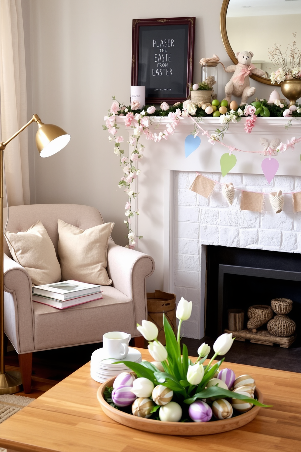 A cozy reading nook with a plush armchair upholstered in soft, neutral fabric. A wooden side table sits nearby, holding a stack of classic novels and a steaming cup of tea, while a floor lamp with a brass finish casts a warm glow over the space. A festive Easter-themed living room with pastel-colored decorations. Delicate garlands of flowers and eggs drape across the mantelpiece, and a centerpiece of fresh tulips and painted eggs sits on the coffee table, adding a touch of springtime charm.