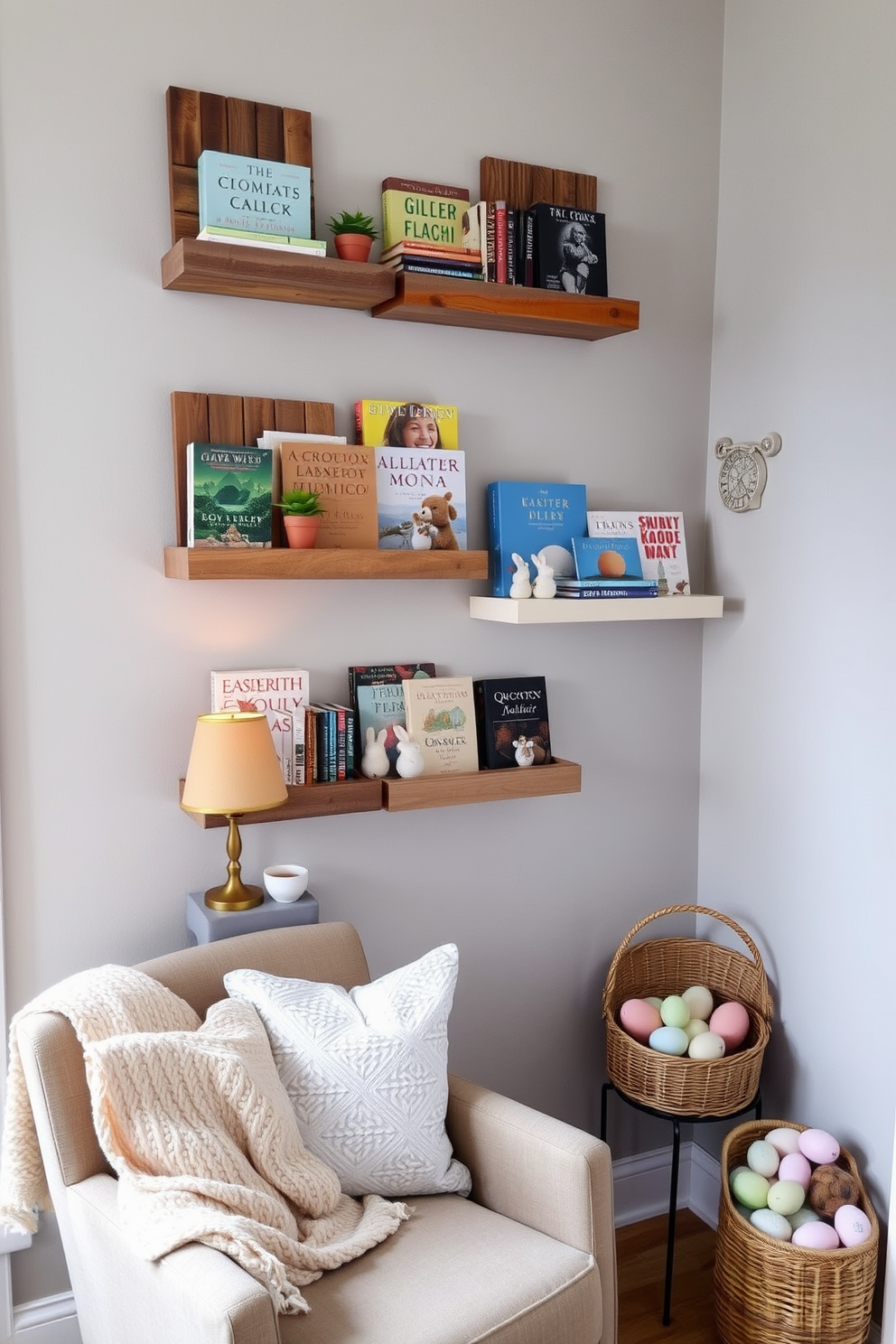 A cozy reading nook designed for seasonal book displays. Wall-mounted shelves made of reclaimed wood are arranged in a staggered pattern on a light gray wall, each shelf adorned with a selection of colorful books and small potted plants. Below the shelves, a comfortable armchair with a soft, knitted throw blanket invites readers to settle in. A small side table with a warm-toned lamp and a cup of tea completes the inviting atmosphere. An Easter-themed reading nook with festive decorations. Wall-mounted shelves painted in pastel colors hold a mix of classic books and whimsical Easter figurines, such as bunnies and eggs. The shelves are complemented by a plush armchair with pastel cushions and a floral-patterned throw. A wicker basket filled with decorative Easter eggs sits on the floor next to the chair, adding a touch of seasonal charm.