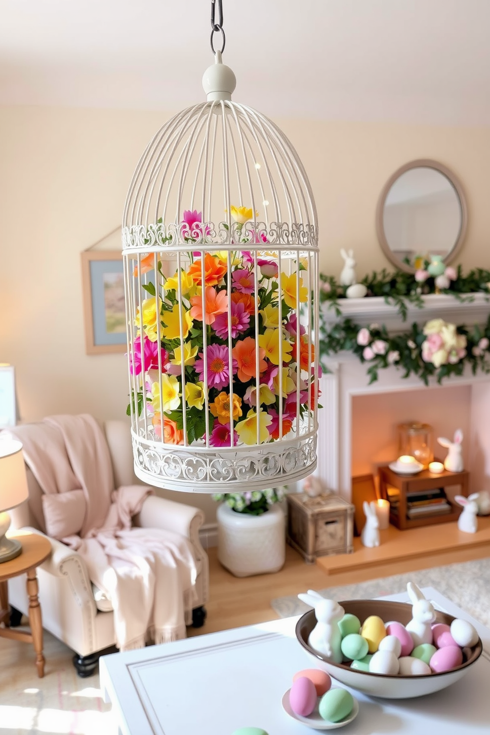 A whimsical birdcage filled with an array of vibrant faux flowers, hanging delicately from a ceiling hook. The birdcage is painted white, with intricate detailing, and is adorned with pastel-colored ribbons and small LED fairy lights for a magical touch. A cozy reading nook featuring a plush armchair with a soft throw blanket draped over the back. Beside the chair, a small wooden side table holds a stack of books and a vintage lamp, casting a warm, inviting glow. An Easter-themed living room with pastel decorations and a centerpiece of a large glass vase filled with colorful Easter eggs. The mantel is adorned with a garland of faux greenery and flowers, while decorative bunny figurines and a bowl of chocolate eggs are placed on the coffee table.