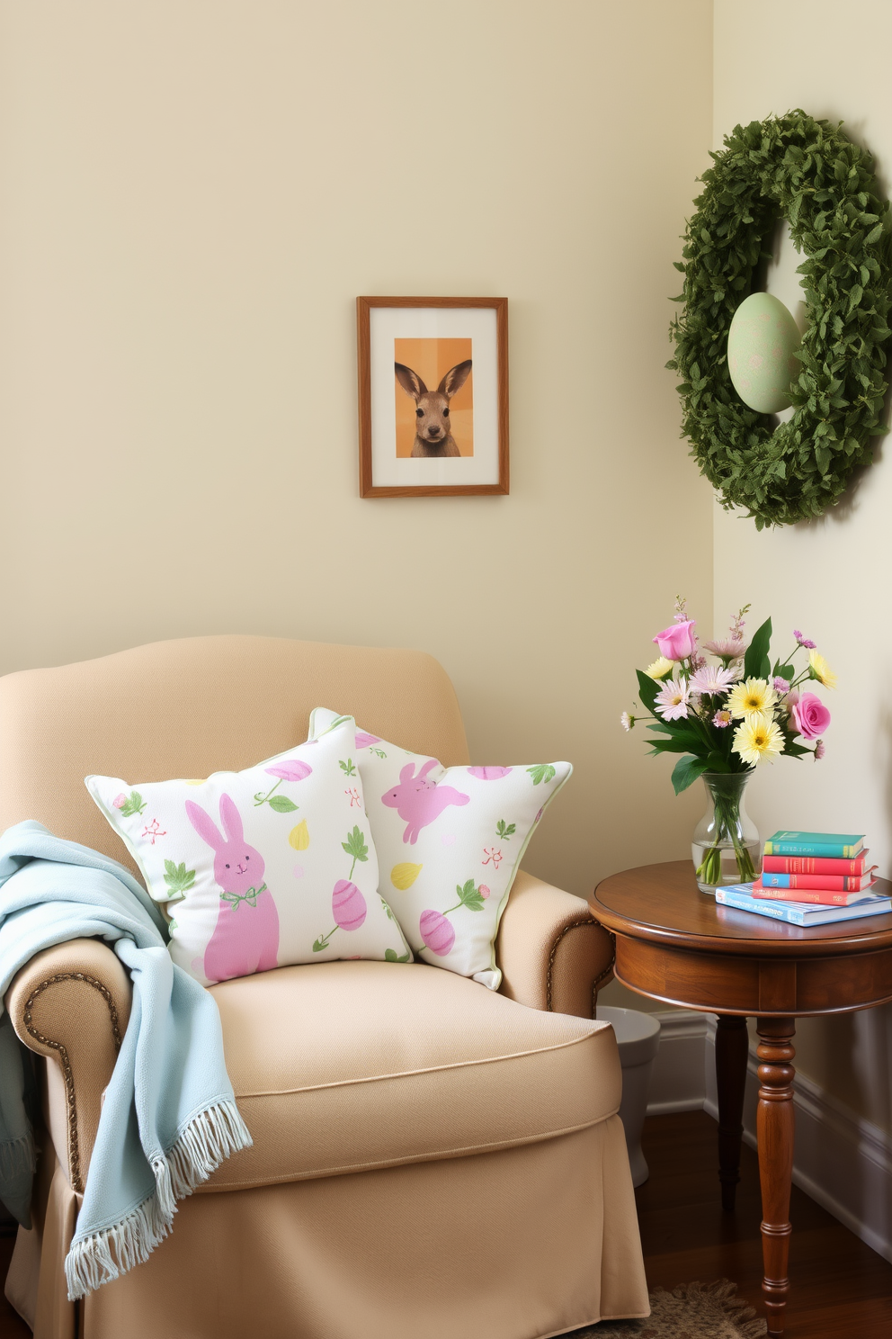 A cozy reading nook decorated for Easter. A plush armchair is adorned with pastel-colored cushions featuring Easter-themed patterns such as bunnies, eggs, and flowers. Beside the chair, a small wooden table holds a vase with fresh spring flowers and a stack of colorful books. The walls are painted a soft cream color, and a light blue throw blanket is draped over the armchair, adding to the festive and inviting atmosphere.