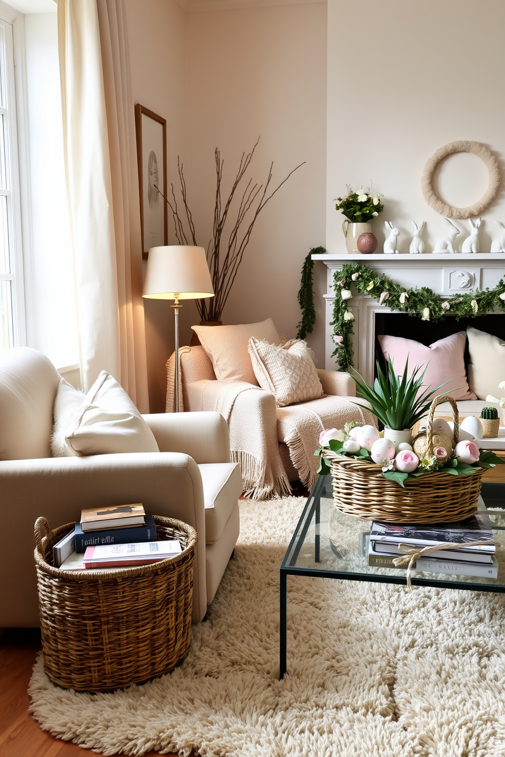 A cozy reading nook with a plush armchair upholstered in a soft, cream fabric. Next to the chair, a woven basket filled with books and magazines sits on a thick, shaggy rug, and a floor lamp with a warm, golden glow provides ample light for reading. An inviting Easter-themed living room decorated with pastel-colored cushions and throws. On the coffee table, a woven basket filled with painted eggs and fresh flowers adds a festive touch, while the mantel is adorned with delicate garlands and bunny figurines.