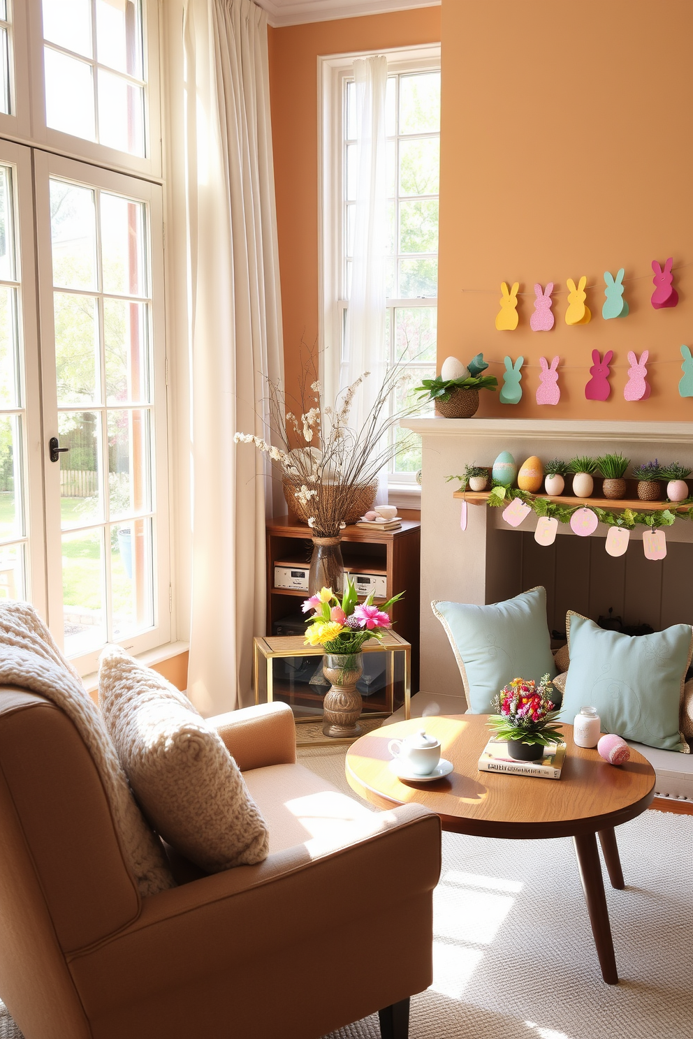 A cozy reading nook filled with natural light. A plush armchair with a soft, knitted throw is placed next to a small wooden table, which holds a stack of books and a steaming cup of tea. Above the table, a shelf adorned with cute bunny plushies adds a whimsical touch. The walls are painted in a warm, inviting shade, and a large window with light, airy curtains offers a view of a blossoming garden outside. Easter decorating ideas for a vibrant and festive home. A living room featuring pastel-colored cushions on a comfortable sofa, with a coffee table decorated with a centerpiece of painted Easter eggs and fresh spring flowers. On the mantelpiece, garlands of colorful paper bunnies and eggs hang cheerfully. The room is bathed in natural light, with sheer curtains allowing the sunlight to enhance the cheerful ambiance.