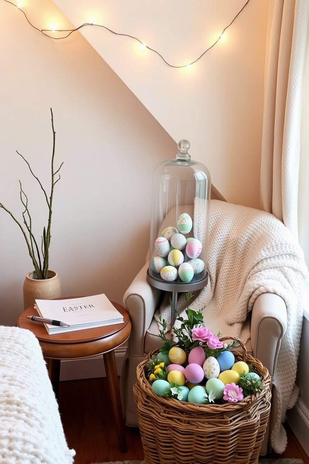 A cozy reading nook is adorned with a glass cloche containing a collection of decorative eggs, each painted in pastel hues and intricate patterns. The cloche sits on a small wooden side table next to a plush armchair, which is draped with a soft, knitted throw blanket. For Easter decorating ideas, the nook is further enhanced with a string of fairy lights hanging above, casting a warm, inviting glow. A woven basket filled with colorful faux eggs and spring flowers rests at the foot of the armchair, adding a festive touch to the serene space.