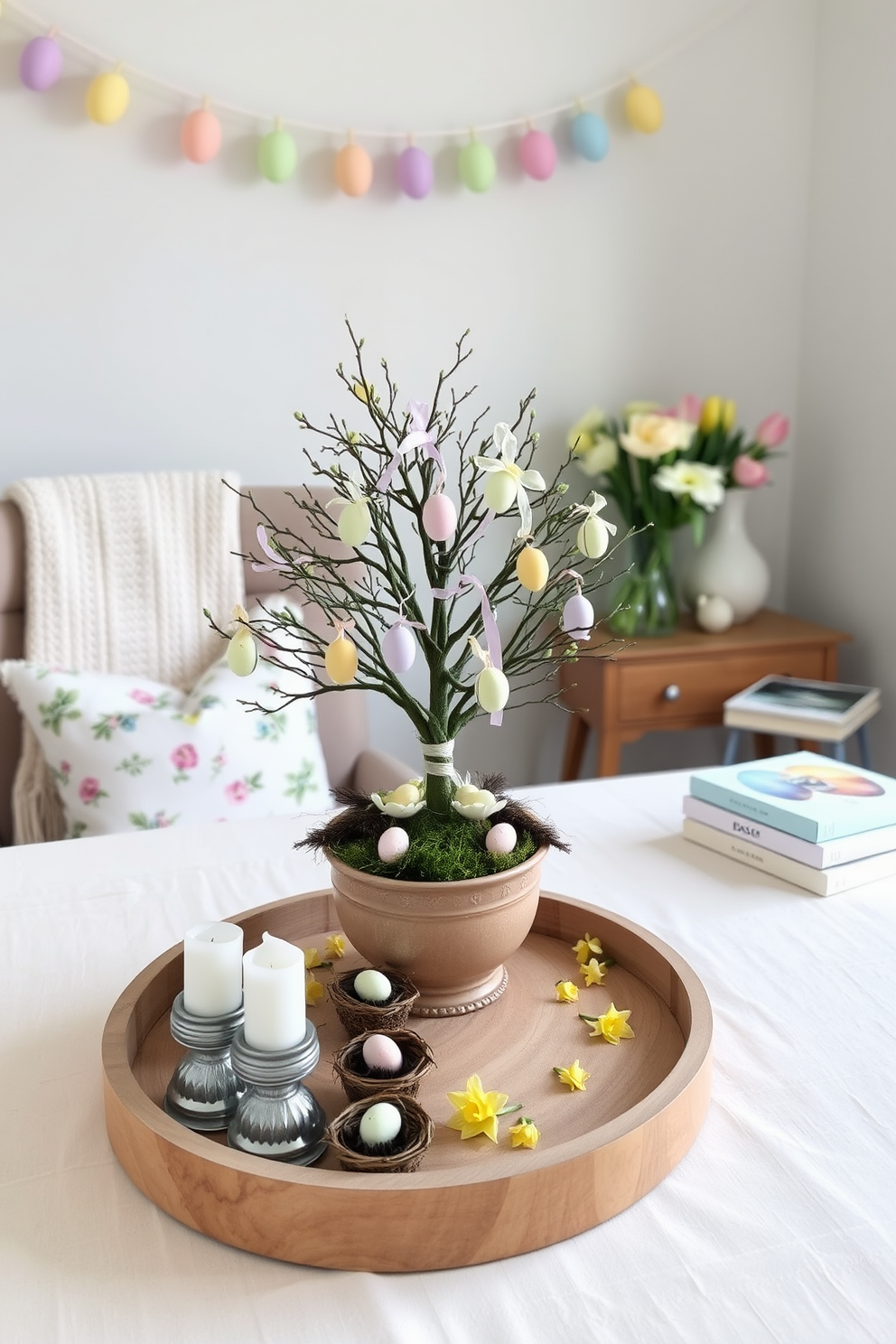 A charming miniature Easter tree as a centerpiece. The tree is adorned with pastel-colored eggs, delicate ribbons, and tiny birds, all resting in a rustic ceramic pot filled with moss. Surrounding the tree, a circular wooden tray holds small nests filled with candy eggs and a few scattered daffodils. The table is covered with a soft linen tablecloth in a light pastel shade, and a few candle holders with white candles add a warm glow to the setting. A cozy reading nook decorated for Easter. The nook features a comfortable armchair with a pastel floral cushion and a knitted throw draped over the back. Beside the chair, a small wooden side table holds a vase of fresh tulips and a stack of spring-themed books. Above the table, a garland of colorful paper eggs hangs from the wall, adding a festive touch to the space.