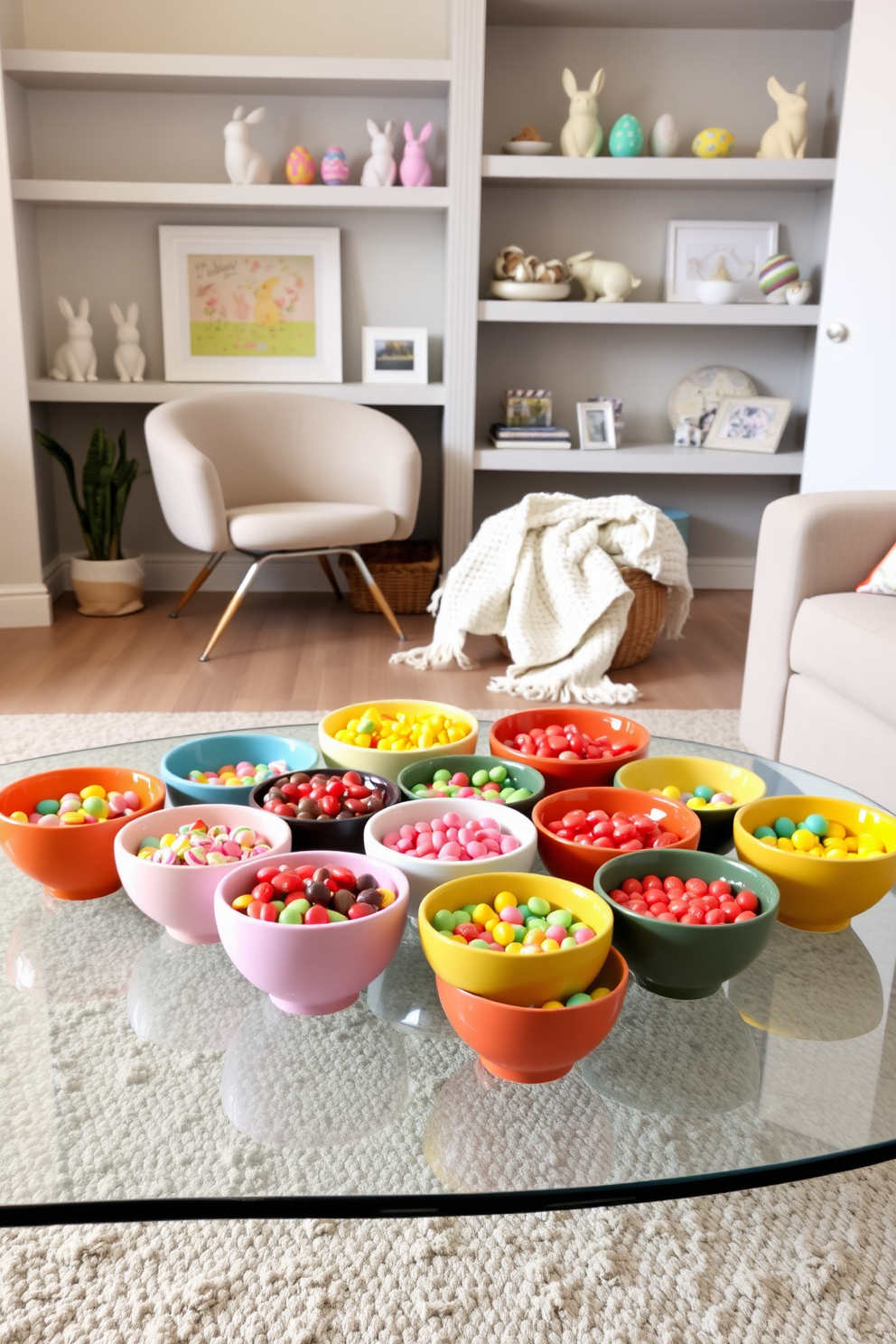 A collection of colorful ceramic bowls is arranged on a sleek glass coffee table. Each bowl is filled with an assortment of vibrant candies, creating a festive and inviting display in the center of a modern living room. A cozy reading nook is designed with a plush armchair and a soft throw blanket. Shelves are adorned with pastel-colored Easter decorations, including bunny figurines and painted eggs, adding a seasonal charm to the space.