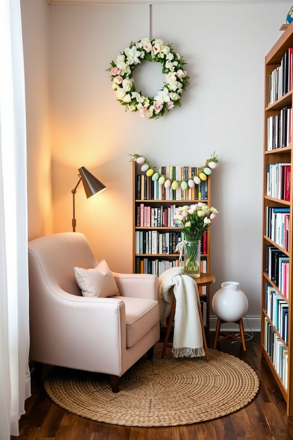 A cozy reading nook with a floral wreath hung above it. The nook features a plush armchair upholstered in a soft, pastel fabric, paired with a small wooden side table. A tall bookshelf filled with books lines one side of the nook, while a soft, woven rug lies beneath the chair. A floor lamp with a warm, yellow light stands beside the chair, casting a gentle glow over the space. Easter decorating ideas for a reading nook. The nook is adorned with pastel-colored cushions and a light throw blanket. A small, decorative Easter egg garland is draped across the bookshelf. A vase with fresh spring flowers sits on the side table, bringing a touch of nature indoors.