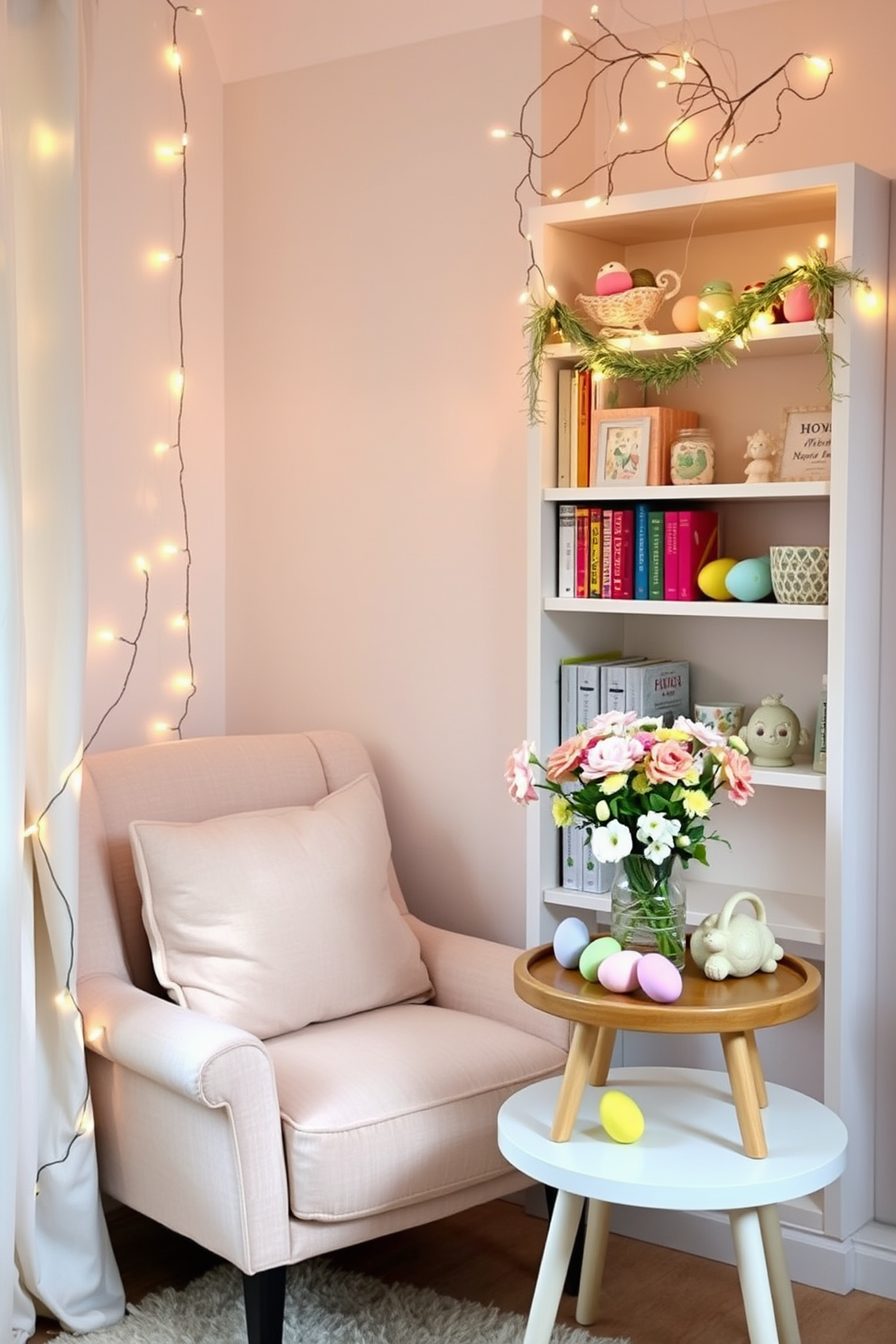 A cozy reading nook with a plush armchair upholstered in a soft, pastel fabric. The nook is illuminated by whimsical fairy lights draped along a nearby bookshelf filled with colorful books and decorative trinkets. A charming corner decorated for Easter, featuring a small table adorned with pastel-colored eggs and a vase of fresh spring flowers. Above the table, whimsical fairy lights are intertwined with delicate garlands, creating a festive and inviting ambiance.