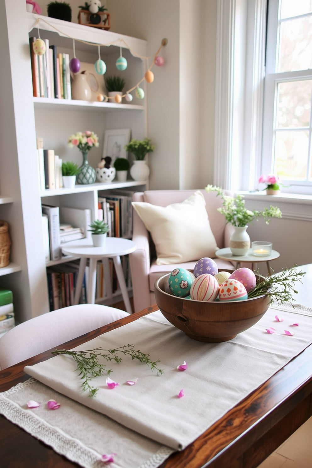 A cozy reading nook adorned with Easter decorations. A comfortable armchair with pastel-colored cushions sits beside a white bookshelf filled with books and small potted plants. Above the bookshelf, a string of delicate, hand-painted Easter egg garlands hangs, adding a festive touch. A small side table holds a vase with fresh spring flowers and a few painted eggs arranged in a decorative bowl. DIY painted eggs displayed in a rustic wooden bowl. Each egg is intricately decorated with vibrant patterns and pastel colors, reflecting the spirit of Easter. The bowl is placed on a linen table runner, surrounded by sprigs of greenery and a few scattered flower petals. Soft natural light filters through a nearby window, highlighting the artistic details of the painted eggs and creating a warm, inviting atmosphere.