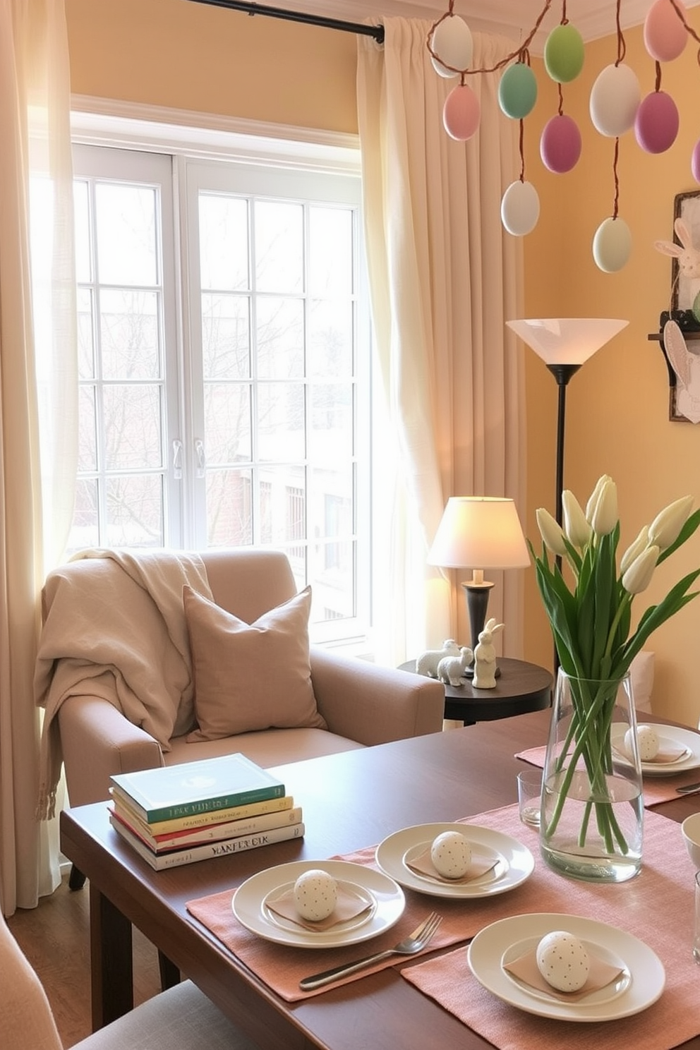 A cozy reading nook designed for ultimate relaxation. There's a plush armchair with a soft throw blanket draped over the back, positioned next to a small wooden side table. On the table, a stack of books sits next to a steaming cup of tea. The walls are painted a warm beige, and a large window with light, flowing curtains allows natural light to flood the space. A floor lamp with a soft, warm light stands behind the armchair, providing perfect lighting for reading. Easter decorating ideas that bring a touch of spring into your home. A dining table is set with pastel-colored plates and napkins, each adorned with a small, decorative nest filled with speckled eggs. A centerpiece of fresh tulips in a clear vase adds a burst of color to the table. Around the room, small touches like bunny figurines and hanging garlands of paper eggs create a festive atmosphere. The walls are painted a soft, cheerful yellow, enhancing the overall feeling of springtime celebration.