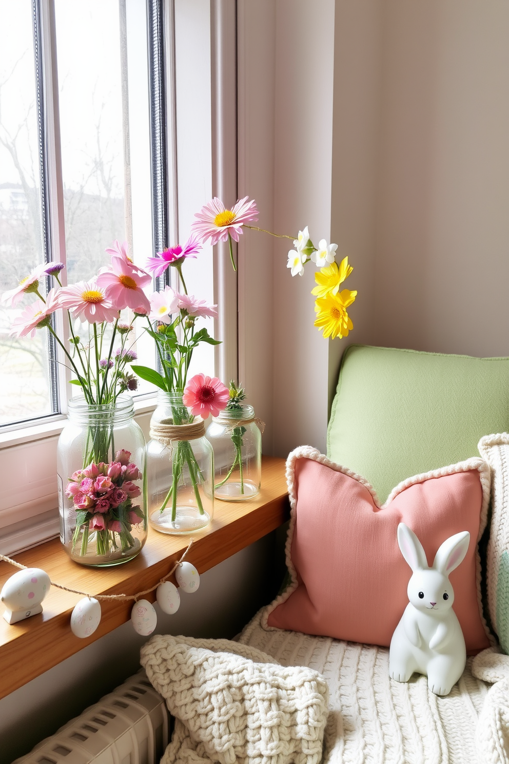 Recycled glass jars of varying sizes are repurposed as charming vases, each filled with a selection of vibrant blooms. These jars, with their rustic appeal, are placed on a wooden windowsill, allowing natural light to enhance the beauty of the flowers within. A cozy reading nook is adorned with pastel-colored cushions and a soft, knitted throw blanket, creating a serene spot for relaxation. Easter-themed decorations, including a delicate garland of painted eggs and a small ceramic bunny, add a festive touch to the space.