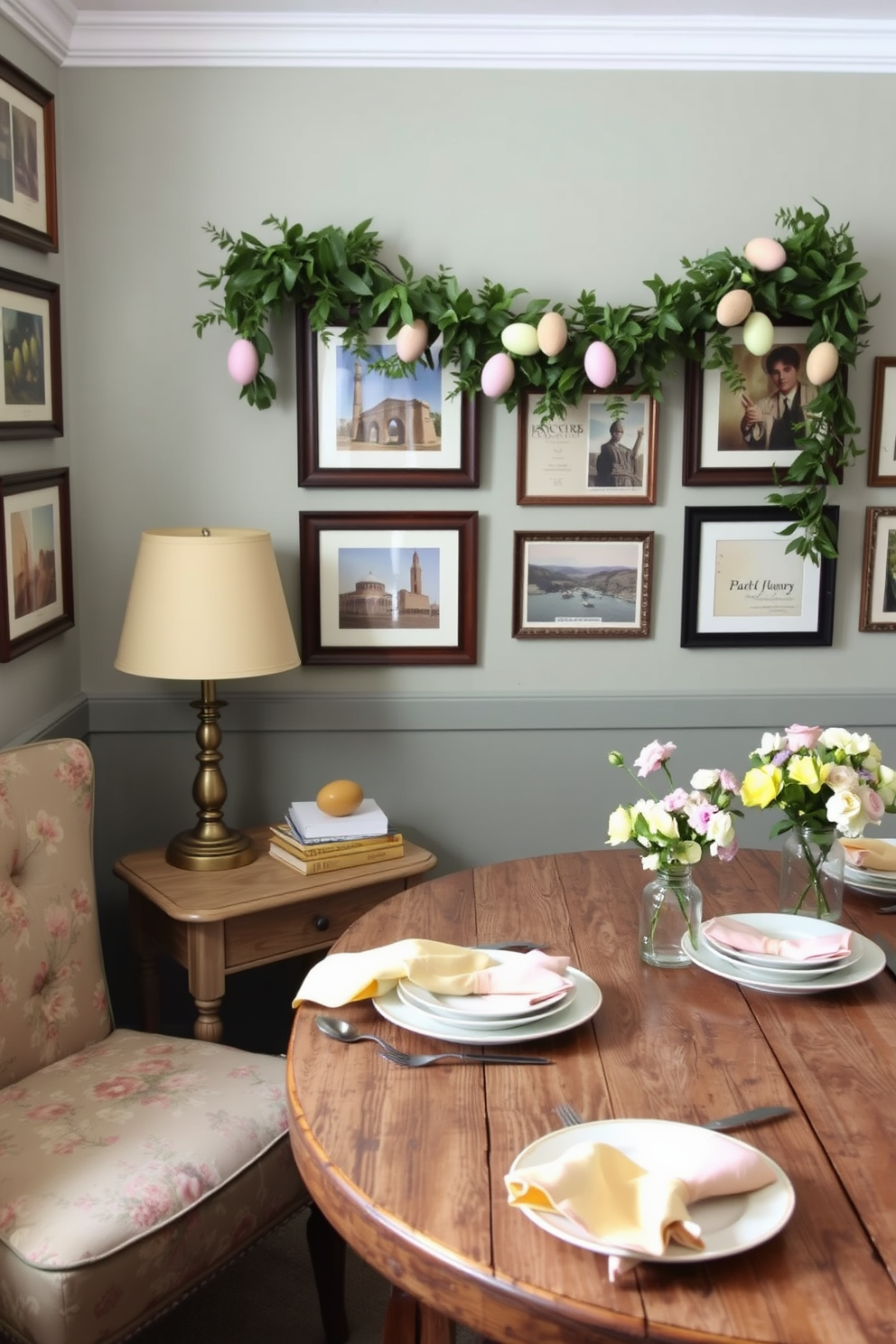 A cozy reading nook with a vintage charm. The walls are adorned with framed vintage postcards, creating a nostalgic gallery wall. A plush armchair with a floral pattern is positioned next to a small wooden side table. The table holds a classic lamp with a beige shade and a stack of old books, perfect for an afternoon of reading. Easter decorating ideas that bring a touch of springtime elegance to your home. A rustic wooden table is set with pastel-colored plates and delicate floral arrangements in glass vases. Above the table, a garland of faux greenery intertwined with Easter eggs hangs, adding a festive touch. Soft linen napkins in shades of yellow and pink are neatly folded beside each place setting, completing the cheerful look.