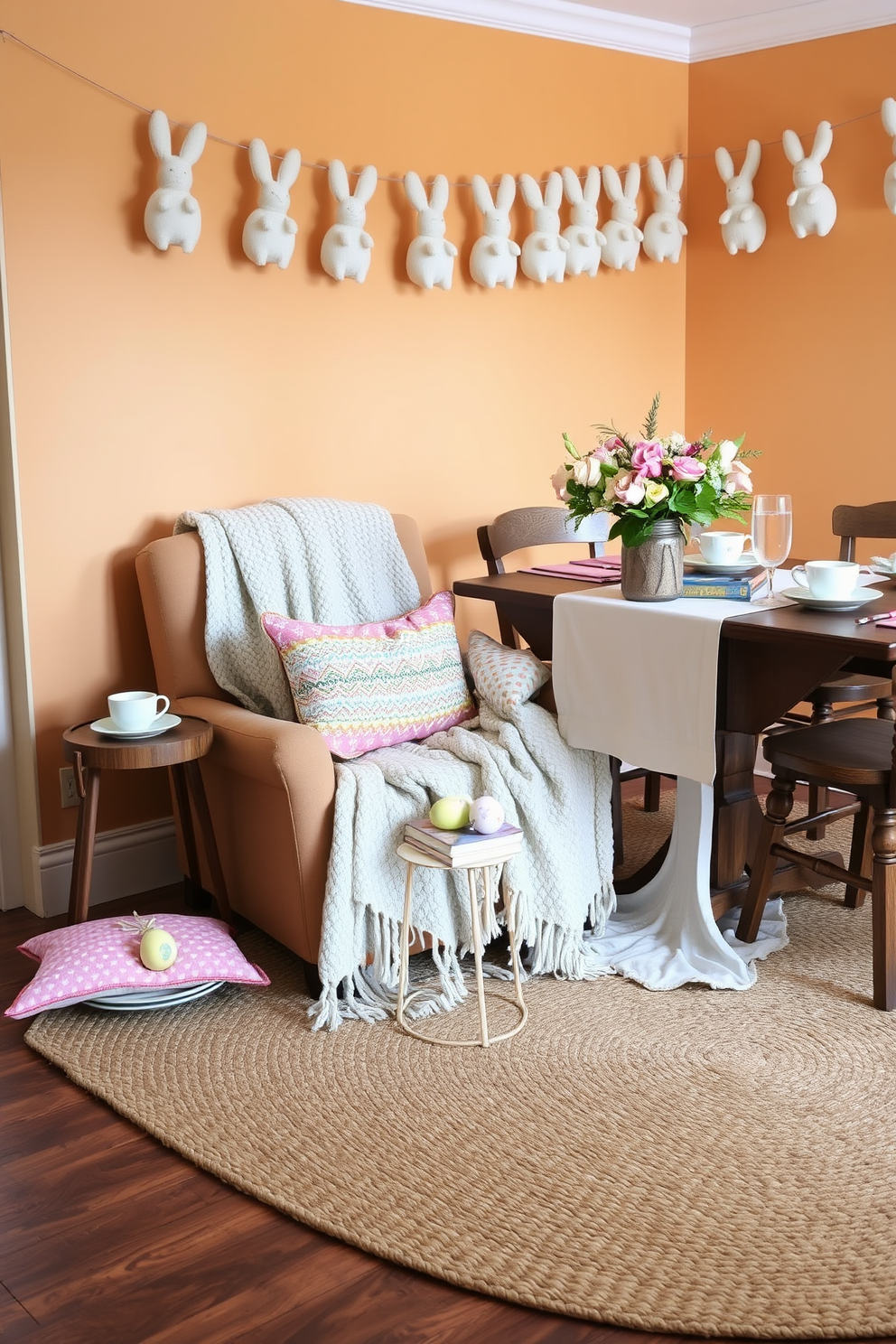 A cozy reading nook with layered textiles. A plush armchair is draped with a soft, knitted throw blanket, and a stack of colorful, patterned cushions is arranged on the seat. A small wooden side table sits beside the chair, holding a steaming cup of tea and a stack of books. The walls are painted in a warm, inviting shade, and a large, woven rug covers the floor, adding to the cozy atmosphere. A charming Easter decorating setup. The dining table is set with pastel-colored plates and napkins, and a centerpiece of fresh spring flowers in a rustic vase. Delicate, hand-painted Easter eggs are scattered across the table, adding a touch of whimsy. Above the table, a garland of soft, fabric bunnies hangs, creating a festive and welcoming atmosphere.