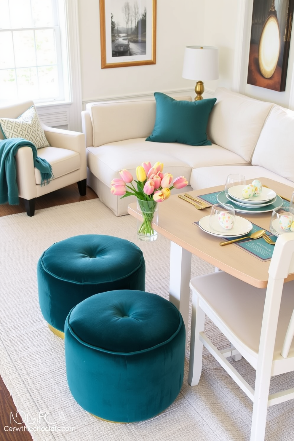 Chic poufs for additional seating. In a cozy living room, two round velvet poufs in a deep teal color are placed next to a large sectional sofa. The poufs have gold metallic bases and are complemented by a matching teal throw blanket draped over the arm of the sofa. Reading Nook. A comfortable reading nook is created in the corner of a bright room, featuring a plush armchair upholstered in a soft, cream fabric. Beside the chair, a small wooden side table holds a stack of books and a stylish table lamp with a brass finish. Easter Decorating Ideas. A dining table is set for Easter brunch with pastel-colored plates and gold cutlery, surrounded by white wooden chairs. The centerpiece is a glass vase filled with fresh tulips in shades of pink and yellow, with decorative Easter eggs scattered around the table.