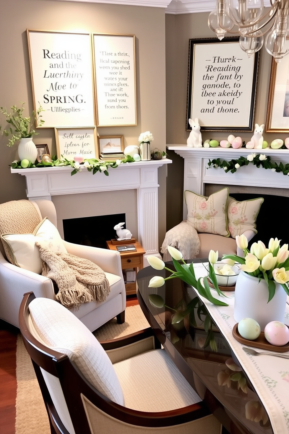 A cozy reading nook adorned with framed quotes about reading and spring. The nook features a plush armchair with a knitted throw, a small wooden side table with a stack of books, and decorative pillows with floral patterns. Elegant Easter decorating ideas for a sophisticated living room. A white mantelpiece is decorated with pastel-colored eggs, delicate bunny figurines, and a garland of fresh flowers, while a beautifully set dining table features a centerpiece of tulips and a charming Easter-themed table runner.