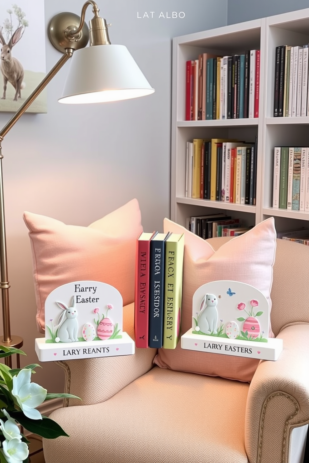 A cozy reading nook adorned with personalized bookends featuring charming Easter motifs. The bookends showcase intricate designs of bunnies, eggs, and spring flowers, adding a festive touch to the space. The nook includes a comfortable armchair with pastel-colored cushions, surrounded by shelves filled with books. Soft lighting from a nearby floor lamp creates a warm and inviting atmosphere, perfect for enjoying a good book during the Easter season.