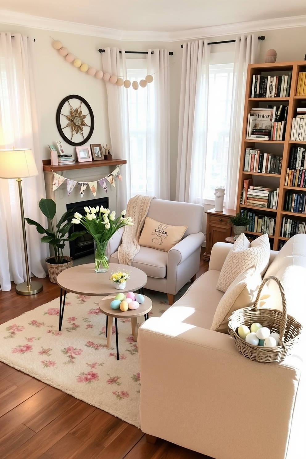 A cozy reading nook setup. A soft rug with floral patterns lies underneath a plush armchair, next to a small wooden side table. The armchair is upholstered in a light beige fabric, and a knitted throw blanket is draped over its back. A tall bookshelf filled with books stands to the right, while a floor lamp with a warm glow is positioned to the left. A potted plant sits next to the chair, adding a touch of greenery to the space. An inviting Easter-themed living room. The room features pastel-colored decorations, including a garland of eggs hanging above the fireplace. A soft, floral-patterned rug lies underneath a coffee table adorned with a vase of fresh tulips and a bowl of painted eggs. The sofa is decorated with pastel cushions, and a bunny-shaped pillow rests in the center. The windows are framed with light, airy curtains, and a basket filled with Easter treats sits on a nearby side table.