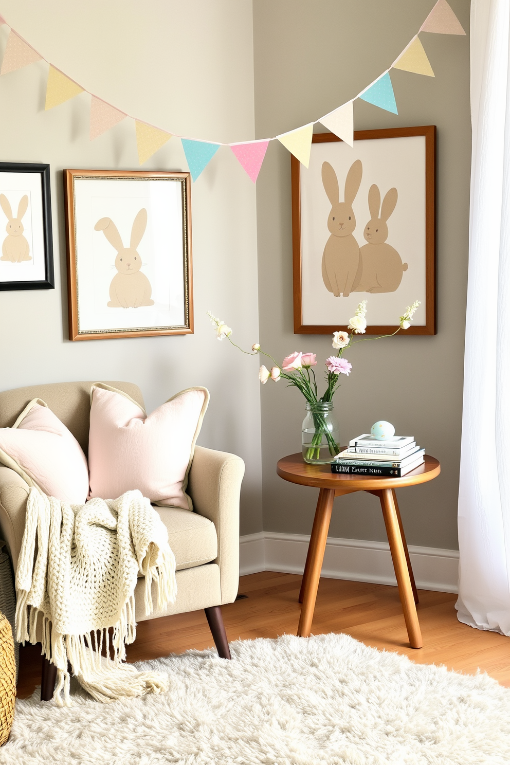 A cozy reading nook decorated for Easter. The space features a comfortable armchair with pastel-colored cushions and a knitted throw blanket. Next to the armchair, a small wooden side table holds a vase filled with fresh spring flowers and a stack of books. Above the table, a string of Easter-themed bunting hangs, adding a festive touch. The walls are adorned with framed artwork of bunnies and eggs, and a soft rug lies on the floor, completing the inviting atmosphere.