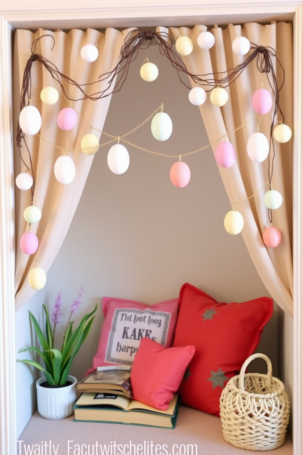 A cozy reading nook adorned with an Easter theme. Hanging above, a playful egg garland drapes across the nook, adding a festive touch.