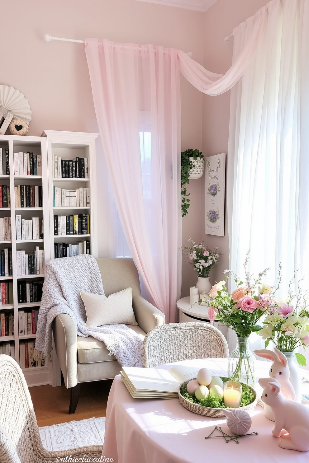 Pastel-colored curtains gently sway in the breeze, casting a soft, ethereal glow across the room. The delicate hues of blush pink, lavender, and mint green create a serene and inviting atmosphere, perfect for a tranquil retreat. A cozy reading nook is nestled in the corner, featuring a plush armchair with a knitted throw draped over it. Shelves filled with books line the walls, and a small side table holds a steaming cup of tea and a flickering candle, inviting you to unwind and escape into a good book. Easter decorating ideas come to life with a centerpiece of pastel-colored eggs nestled in a bed of fresh greenery. Delicate bunny figurines and floral arrangements in soft spring colors adorn the table, creating a festive and cheerful ambiance.