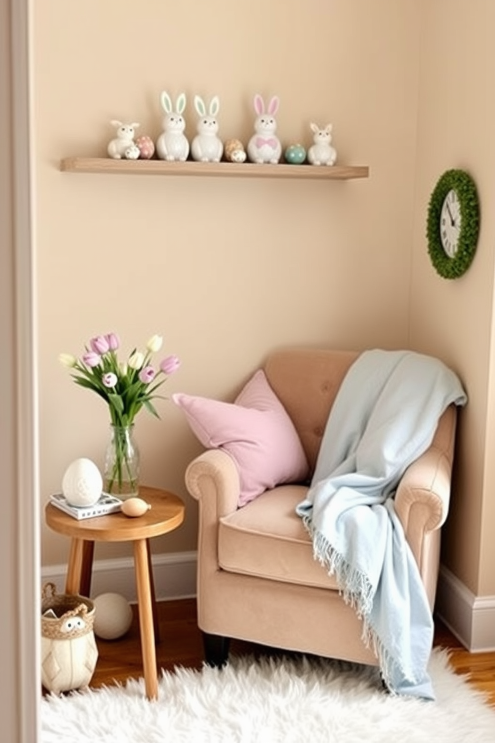 A cozy reading nook adorned with Easter decorations. The space features a plush armchair with pastel-colored cushions, a small wooden side table holding a vase of fresh tulips, and a soft, light blue throw blanket draped over the chair. Above the armchair, a floating shelf displays a collection of ceramic bunnies and colorful Easter eggs. The walls are painted in a soft, warm beige, and a fluffy white rug lies beneath the chair, adding to the inviting ambiance.