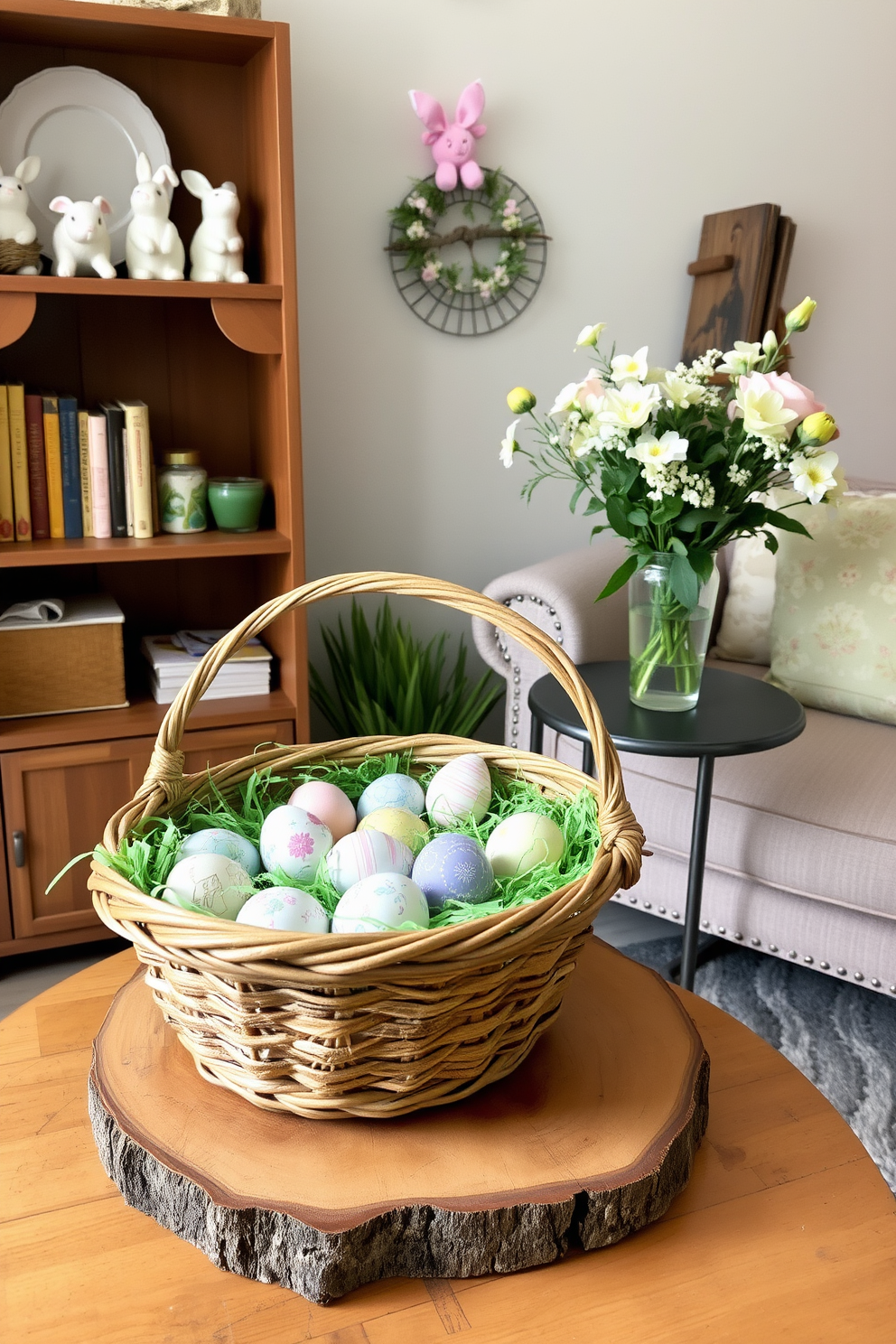 A decorative basket filled with Easter eggs sits on a rustic wooden table. The basket is woven with natural fibers and contains pastel-colored eggs, some with intricate designs, nestled in a bed of green shredded paper. A cozy reading nook adorned with Easter decorations features a comfortable armchair with a floral patterned cushion. Nearby, a small wooden bookshelf is decorated with bunny figurines, and a vase filled with fresh spring flowers sits on a side table, adding a touch of seasonal charm.