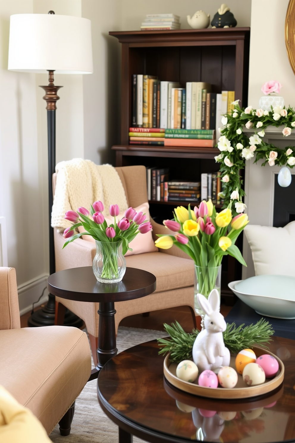 A small, round side table made of dark walnut wood stands beside a plush armchair. On the table, a crystal vase filled with fresh, vibrant tulips adds a touch of color and elegance to the room. A cozy reading nook featuring a comfortable armchair with a soft, knitted throw draped over the back. Beside the chair, a tall floor lamp casts a warm glow, and a small bookshelf is filled with a selection of novels and decorative accents. An Easter-themed living room decorated with pastel-colored cushions and a garland of spring flowers draped over the fireplace mantle. On the coffee table, a centerpiece of painted eggs and a small ceramic bunny bring the festive spirit to life.