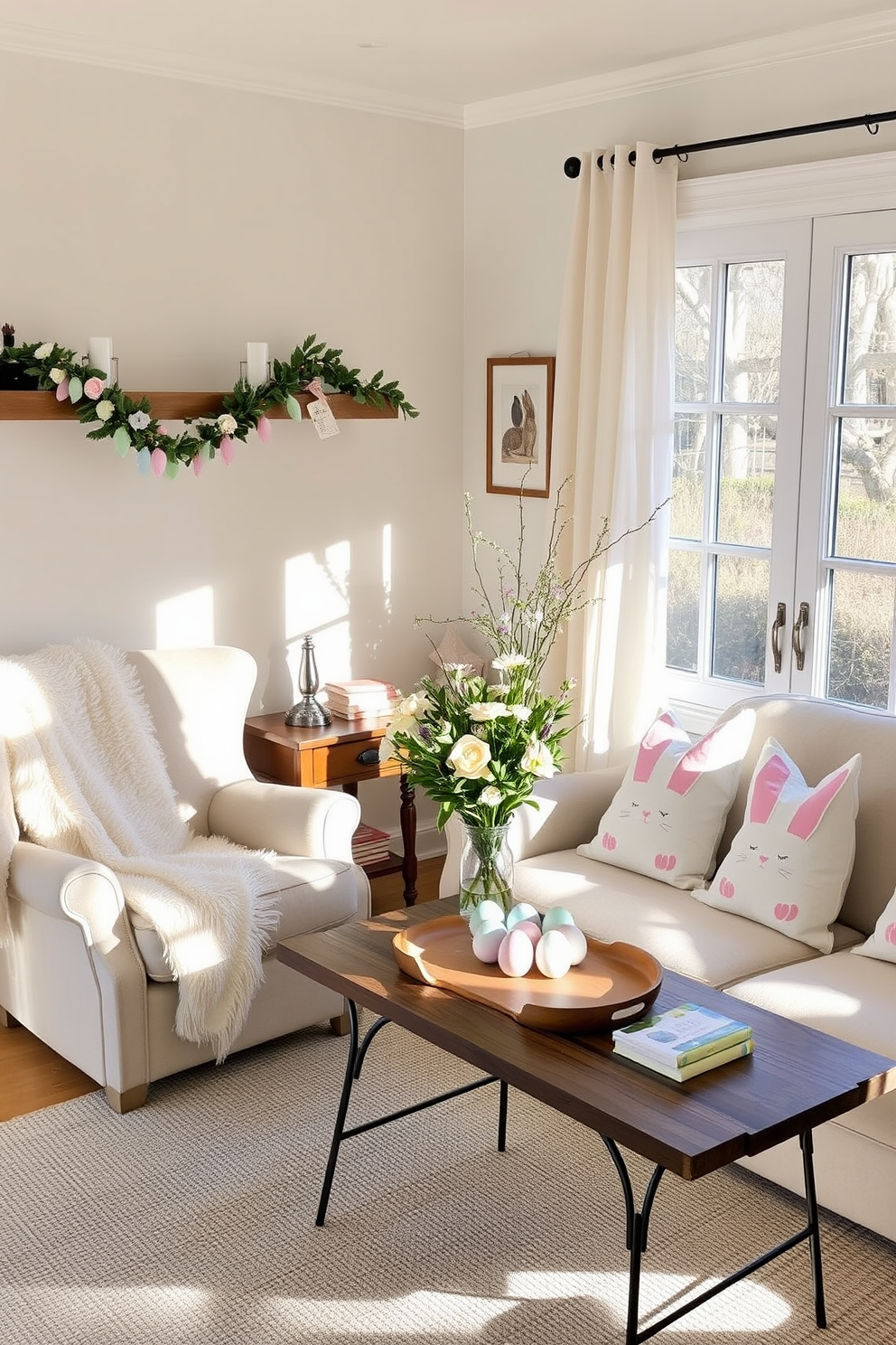 A cozy reading nook bathed in natural light. A plush armchair with a fluffy throw blanket in soft pastel colors sits beside a small wooden table adorned with a vintage lamp and a stack of books. Easter decorating ideas for a cheerful living room. A pastel-colored garland drapes across the mantel, while a centerpiece of fresh flowers and painted eggs sits on the coffee table, surrounded by soft, bunny-themed cushions on the sofa.