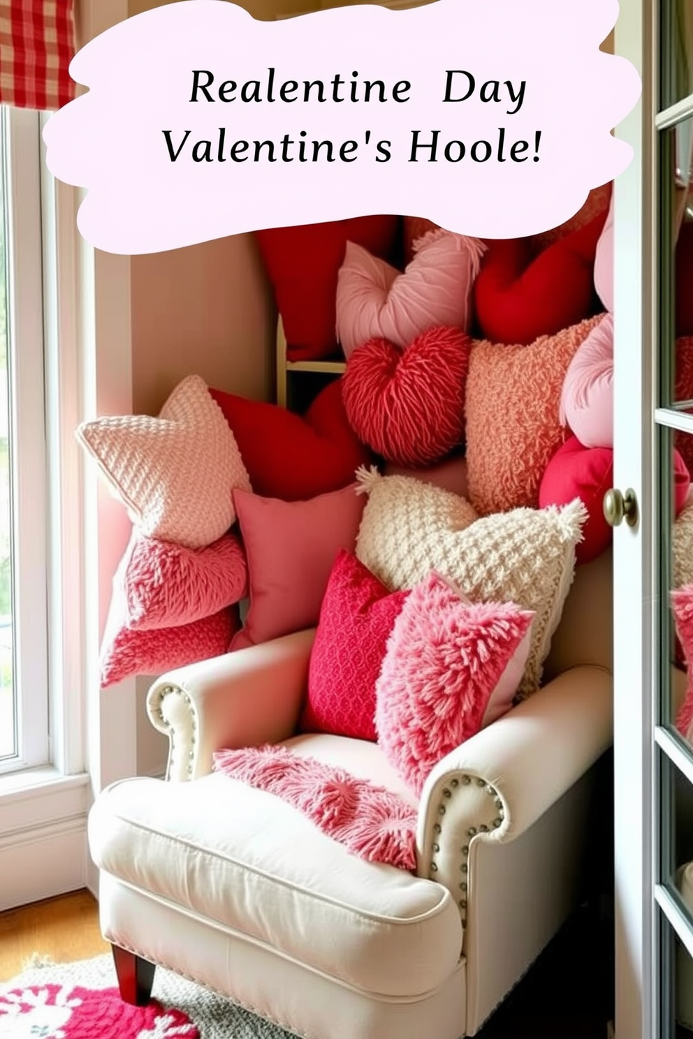 A cozy reading nook adorned with an assortment of pink and red pillows in various textures and patterns. The nook features a plush armchair positioned next to a large window, with soft, warm lighting creating an inviting atmosphere perfect for Valentine's Day.