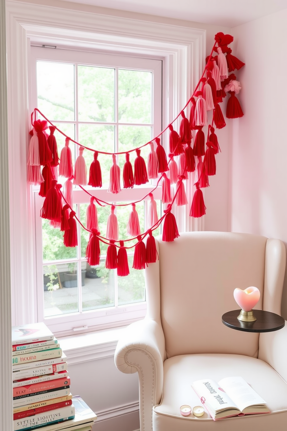 A cozy reading nook adorned with a red and pink tassel garland draped artfully across the window. The nook features a plush armchair in soft pastel hues, surrounded by stacks of romantic novels and a small side table holding a heart-shaped candle.