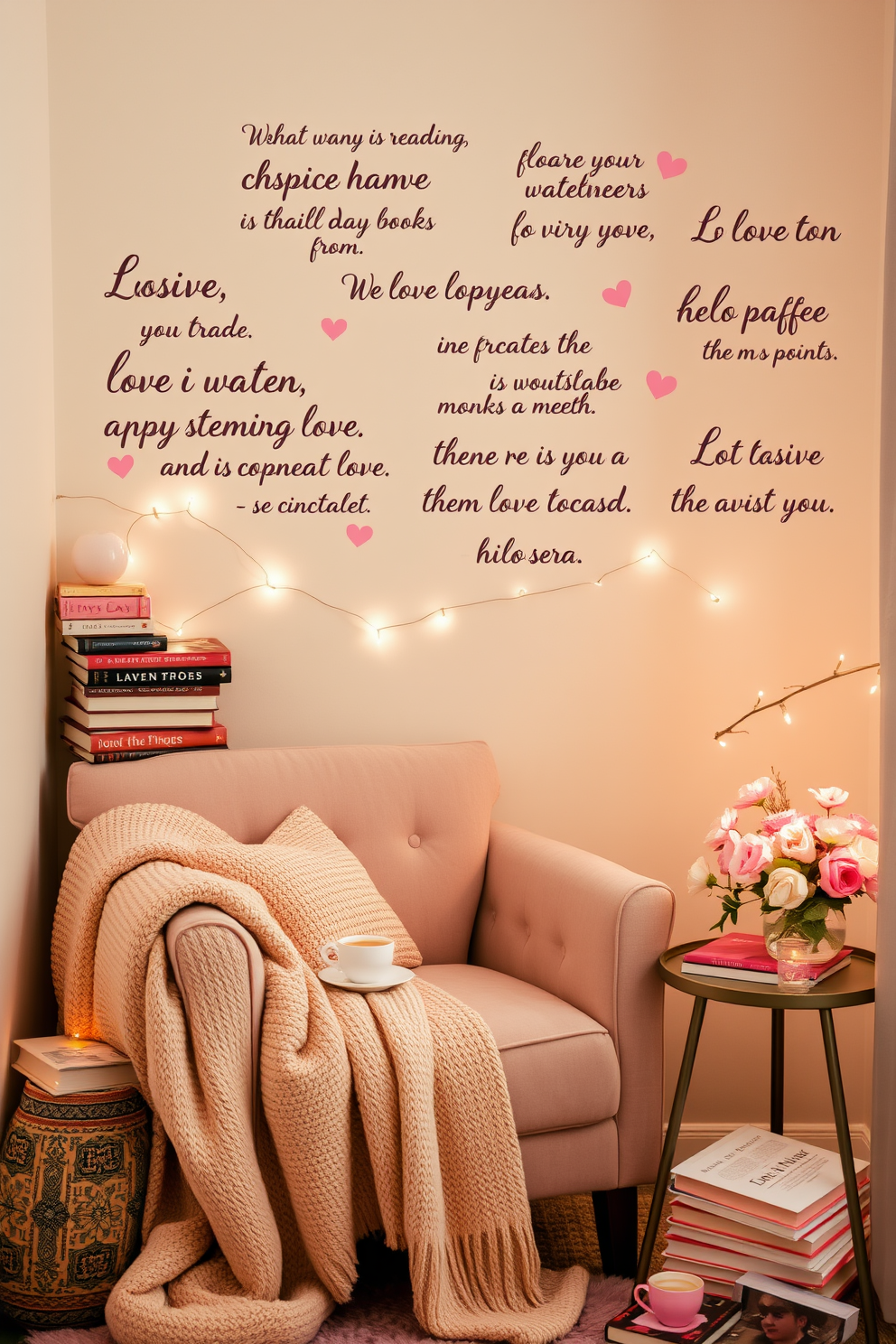 A cozy reading nook adorned with love quote wall decals that inspire romance and tranquility. The nook features a plush armchair in soft pastel tones, surrounded by stacked books and a warm throw blanket draped over the side. Delicate Valentine's Day decorations, such as heart-shaped cushions and fairy lights, add a whimsical touch to the space. A small side table holds a steaming cup of tea and a bouquet of fresh flowers, creating an inviting atmosphere perfect for curling up with a good book.