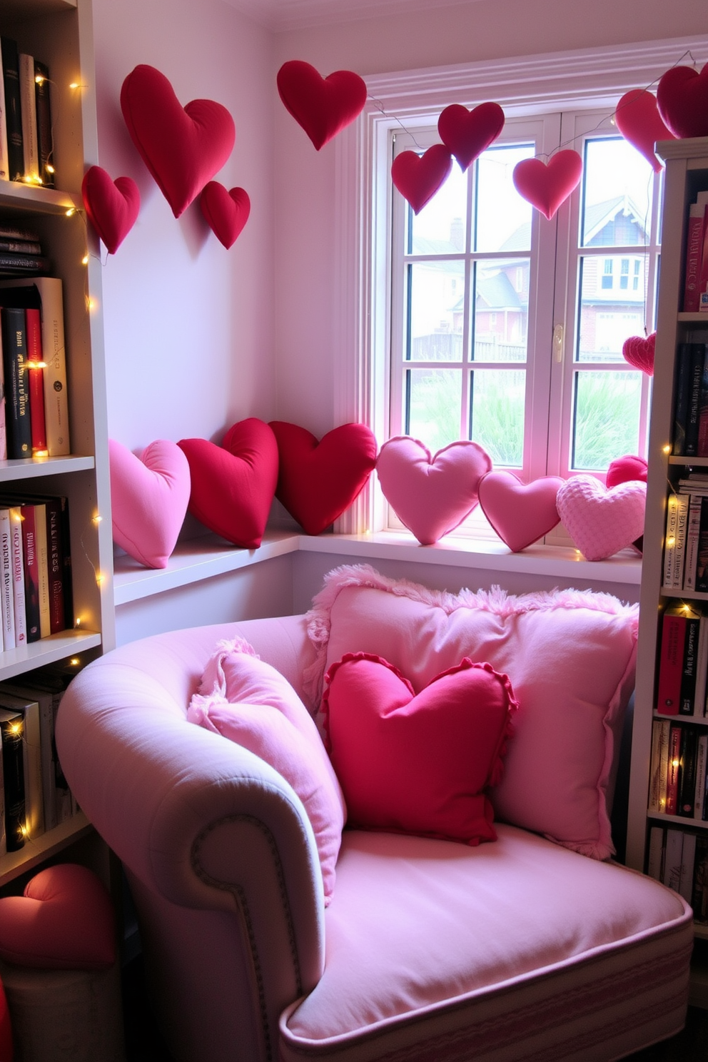 A cozy reading nook adorned with heart-shaped cushions in various shades of red and pink. The nook features a plush armchair nestled by a window, surrounded by shelves filled with romantic novels and decorative fairy lights.