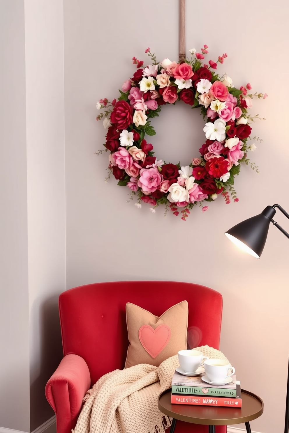 A vibrant floral wreath adorned with assorted blooms in shades of pink, red, and white hangs elegantly on a pale gray wall, bringing a touch of nature indoors. Below the wreath, a cozy reading nook features a plush armchair in soft velvet, draped with a knitted throw, inviting relaxation and warmth. The nook is accented with a small side table, where a stack of heart-themed books and a steaming cup of tea rest, creating a perfect spot for quiet moments. Soft, ambient lighting from a nearby floor lamp enhances the romantic atmosphere, making it an ideal space for Valentine's Day decorating ideas.