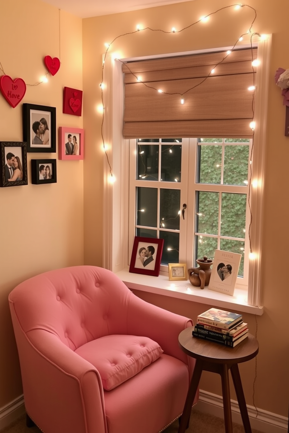 A cozy reading nook adorned with heart-themed photo frames. The nook features a plush armchair in soft pink fabric, paired with a small wooden side table holding a stack of romantic novels. The walls are painted in a warm cream color, enhancing the inviting atmosphere. String lights are draped around the window, creating a whimsical touch for Valentine's Day decorating.