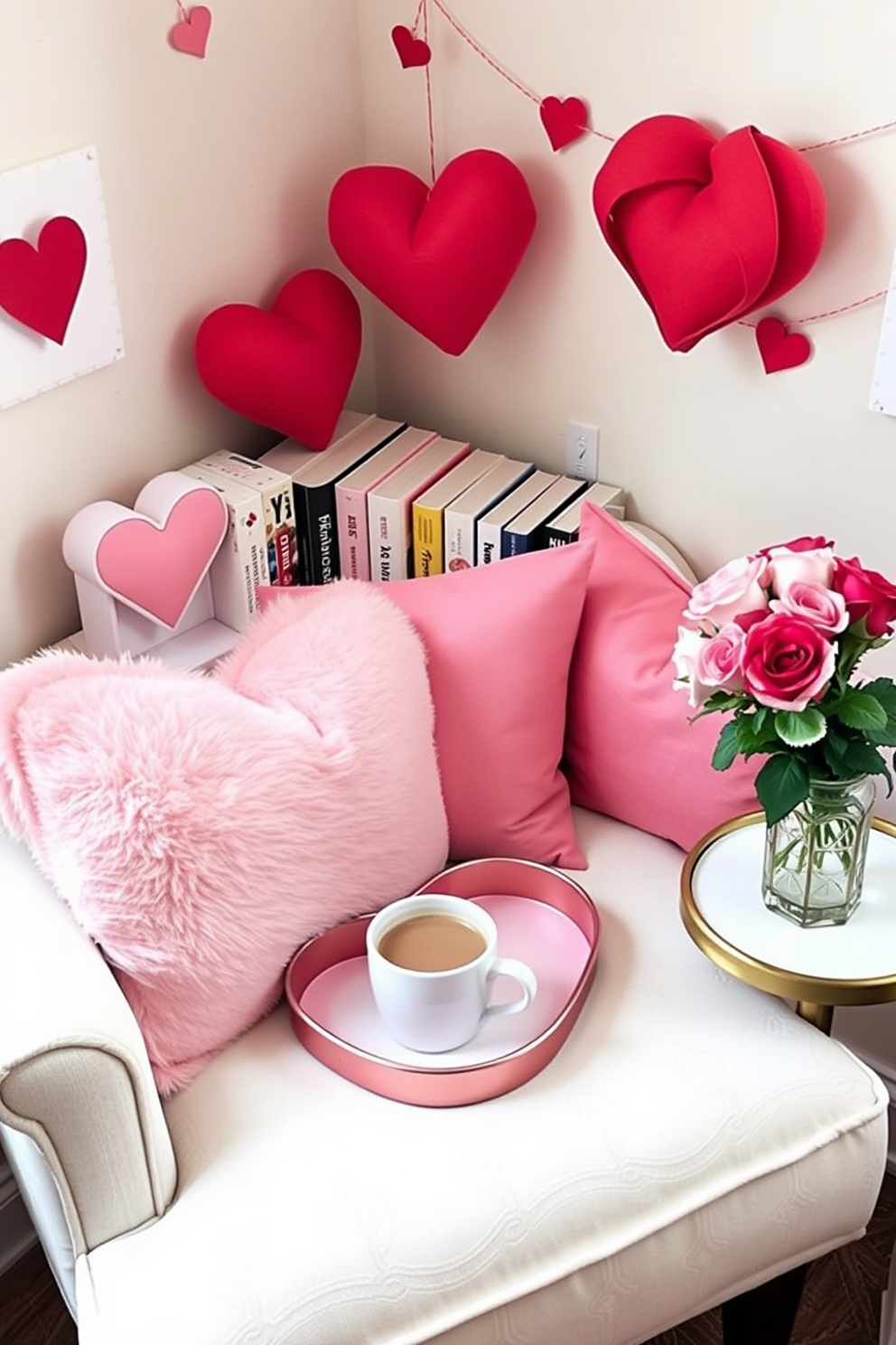 A cozy reading nook adorned with Valentine's Day decorations. The space features whimsical bookends shaped like hearts, painted in soft pastel colors, flanking a collection of love-themed novels. Plush cushions in shades of pink and red are scattered on a comfortable armchair, inviting readers to relax. A small side table holds a heart-shaped tray with a steaming cup of hot chocolate and a vase of fresh roses.