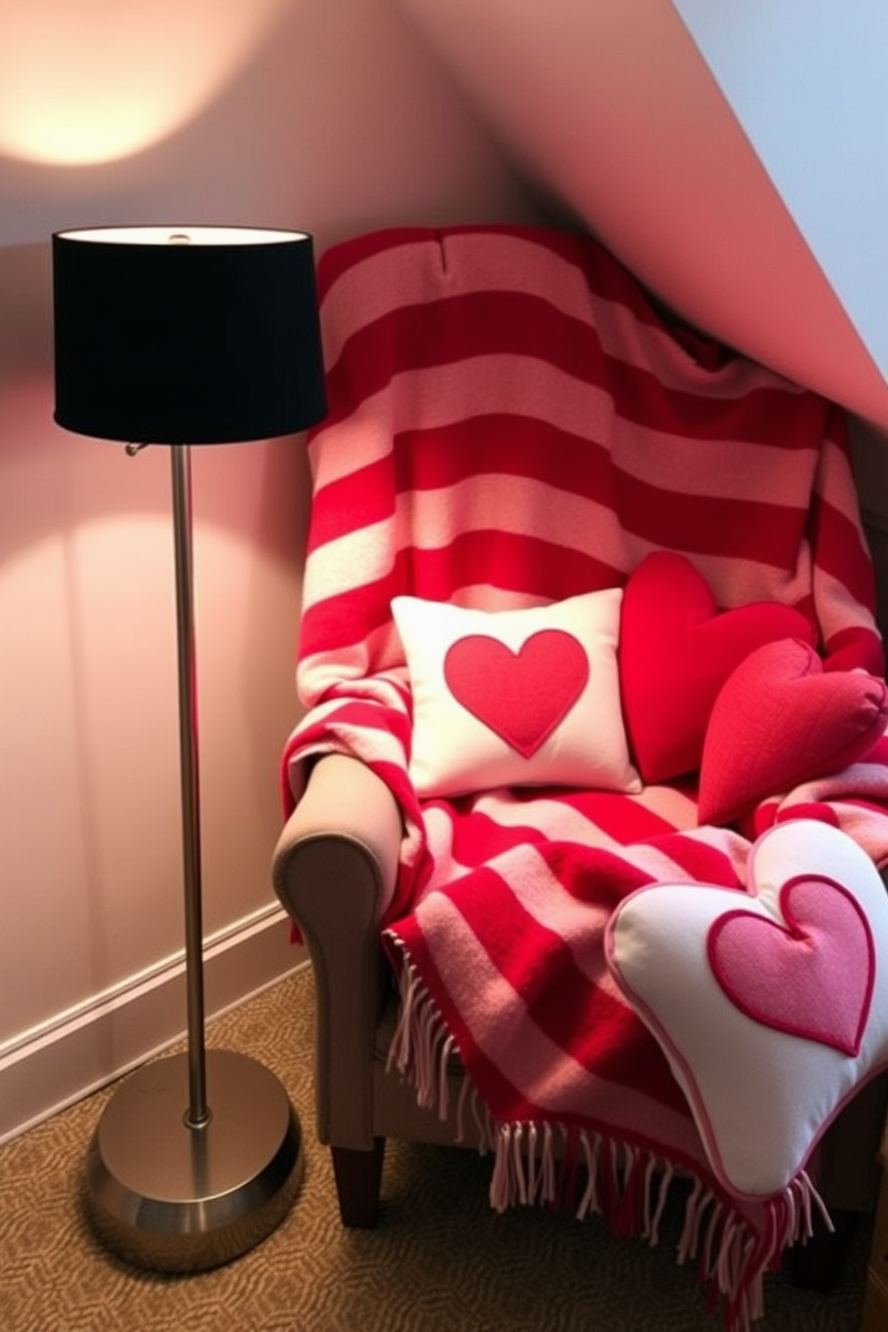 A cozy reading nook adorned with a red and white striped blanket draped over a plush armchair. Soft, ambient lighting from a nearby floor lamp creates a warm atmosphere, while heart-shaped cushions add a festive touch for Valentine's Day.