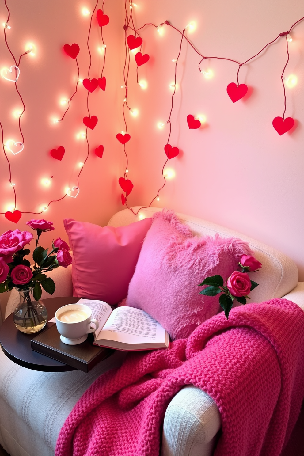 A cozy reading nook adorned with heart-shaped fairy lights creates a romantic atmosphere perfect for Valentine's Day. Plush cushions in shades of pink and red are scattered on a soft armchair, inviting you to curl up with a good book. A small side table holds a steaming cup of tea and a vase filled with fresh roses, enhancing the charm of the space. The walls are painted a soft pastel hue, and a warm throw blanket drapes over the armchair, adding to the inviting feel.