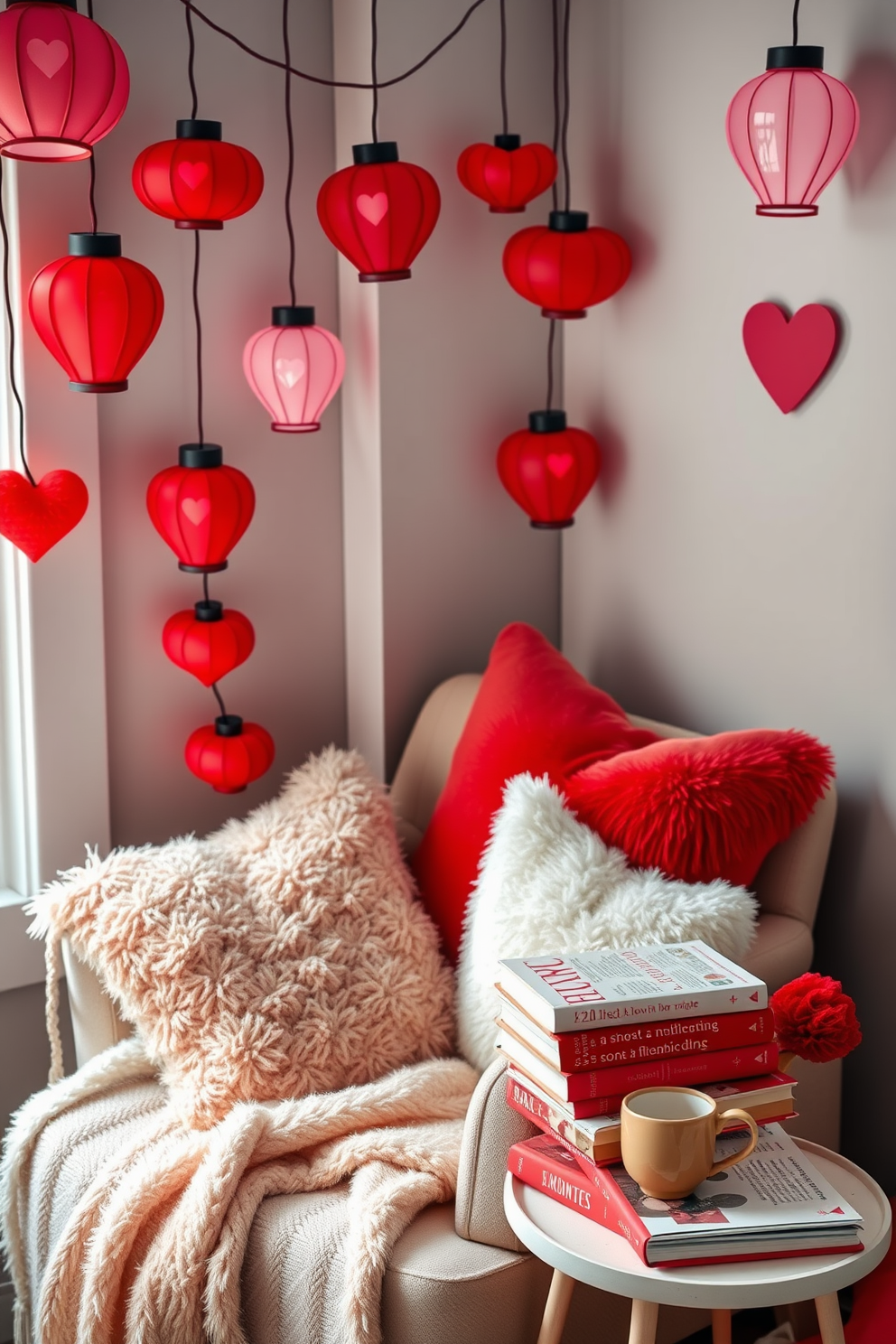 A cozy reading nook adorned with red and pink lanterns, creating a warm and inviting atmosphere perfect for Valentine's Day. Plush cushions and a soft throw blanket are arranged on a comfortable armchair, while a small side table holds a stack of romantic novels and a steaming cup of tea.