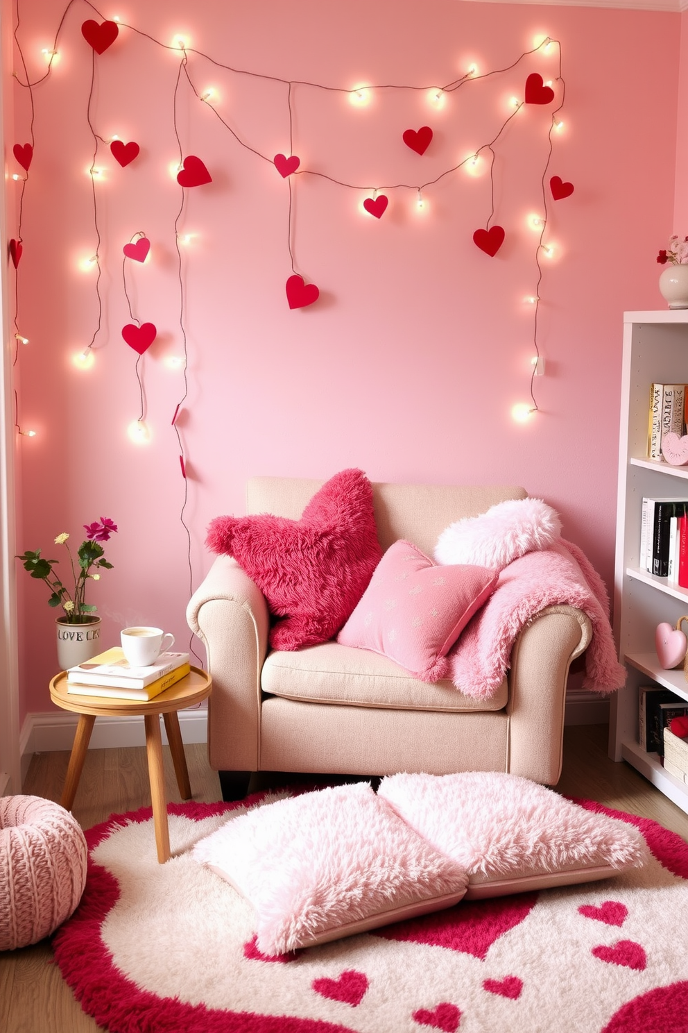 A cozy reading nook adorned with heart-shaped string lights creates a warm and inviting atmosphere. Plush cushions in shades of pink and red are scattered across a comfortable armchair, while a small side table holds a stack of romantic novels and a steaming cup of tea. The walls are painted in soft pastels, enhancing the Valentine's Day theme, and a whimsical rug adds texture underfoot. A nearby bookshelf is filled with love stories, and a few decorative heart-shaped accents complete the charming decor.