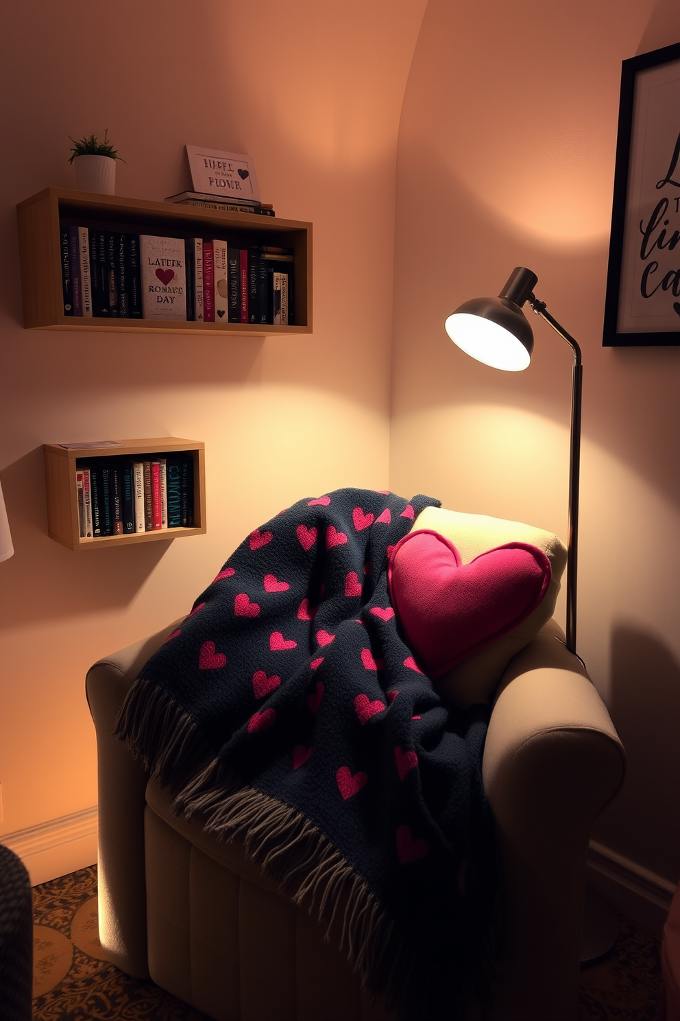 A cozy reading nook adorned with a heart-patterned throw blanket draped over a plush armchair. Soft, ambient lighting from a nearby floor lamp creates a warm atmosphere, perfect for curling up with a book. The walls are painted in a soft pastel hue, while a small bookshelf filled with romantic novels adds charm. A heart-shaped cushion complements the throw blanket, enhancing the Valentine's Day theme.